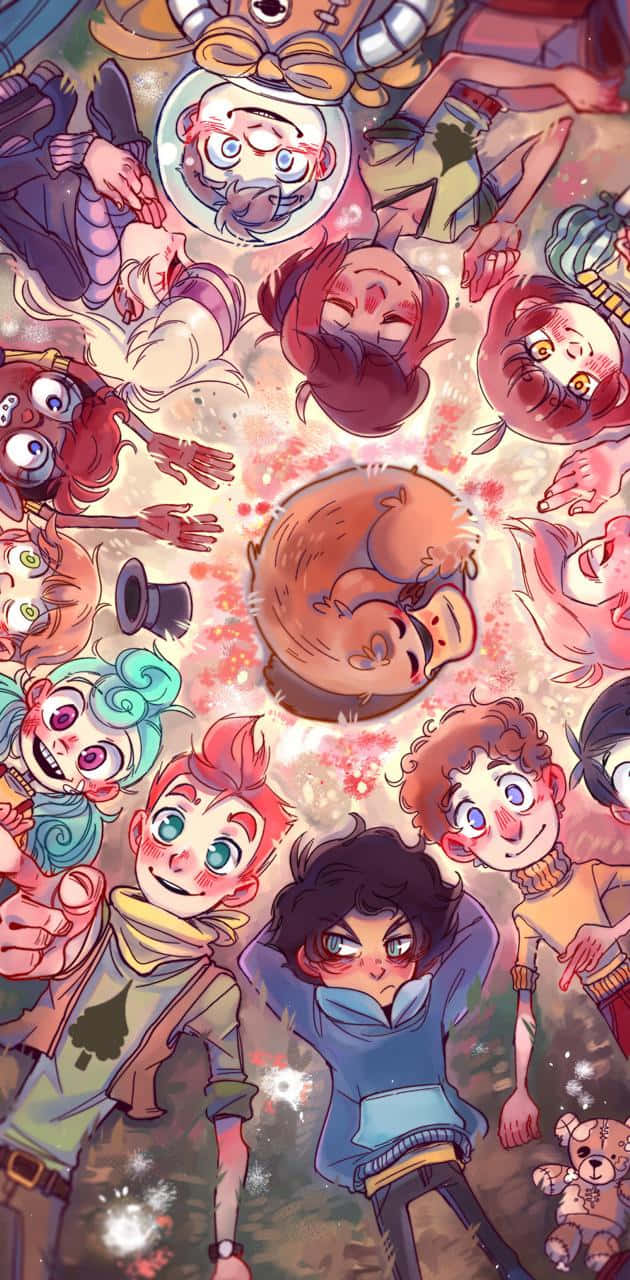 營地營地 孩子們向下看 壁紙 — 一幅充滿活力的動畫風格插圖，描繪了不同角色圍繞著一隻熟睡的貓，散發著溫暖和奇幻的氣息。
