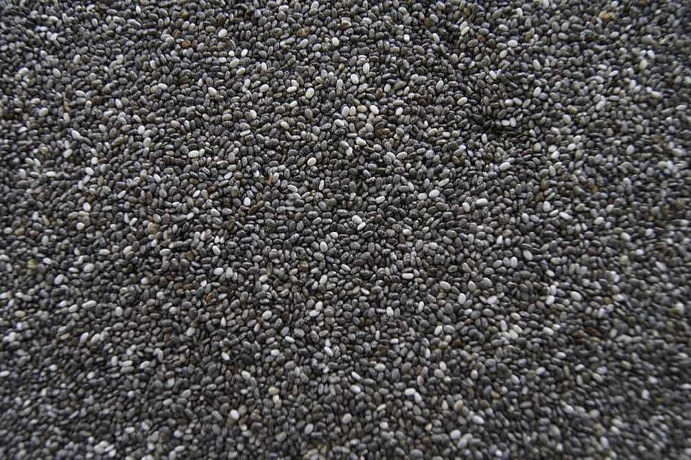 營養奇亞籽特寫 壁紙 — 密集奇亞籽嘅特寫，顯示各種灰色同白色色調，表面有紋理。