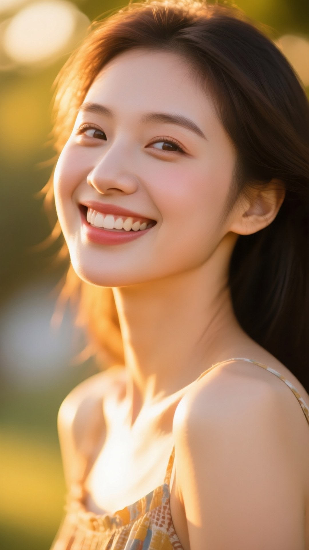 年輕女性在戶外溫暖陽光下微笑
