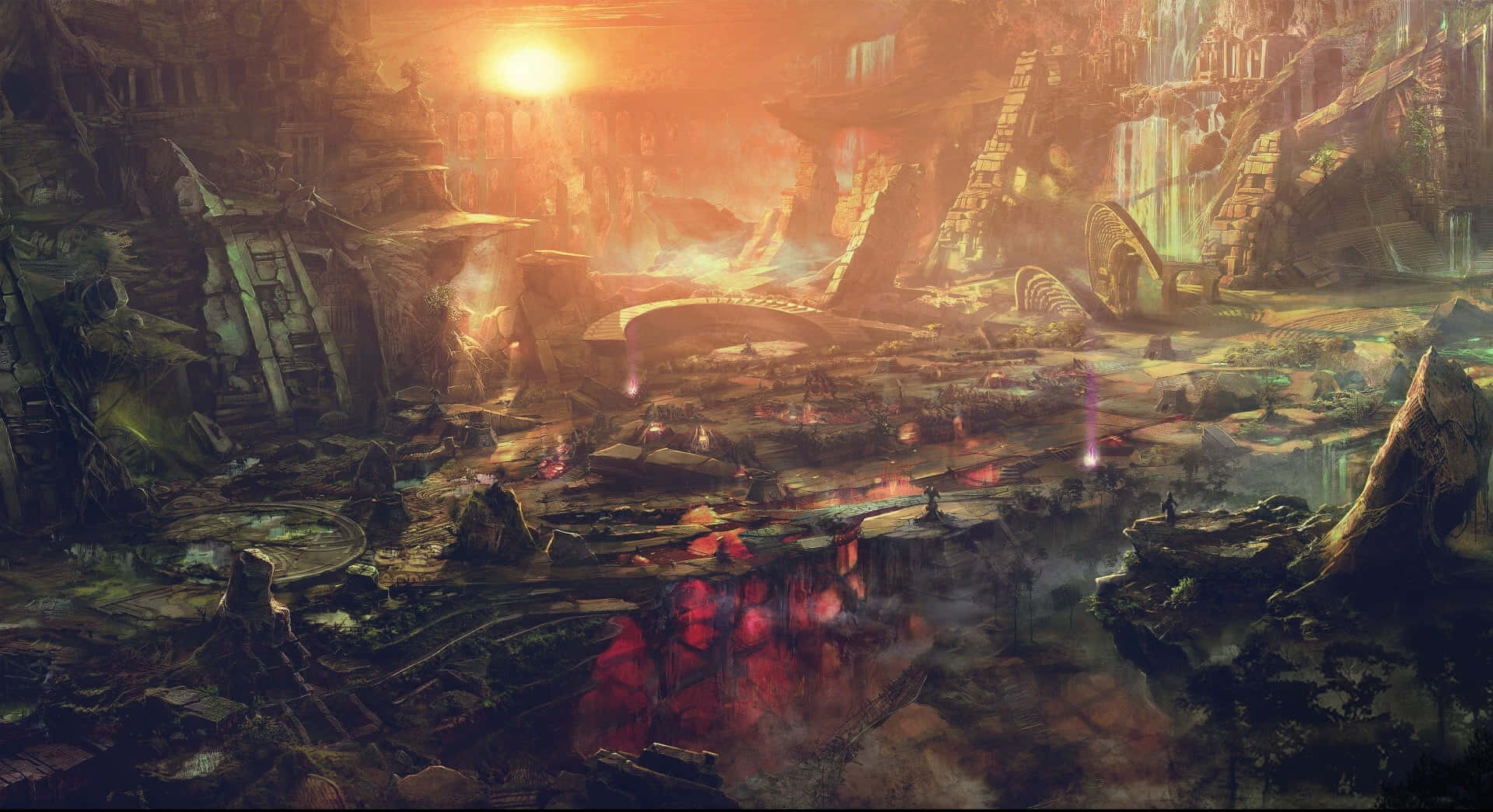 Moba Games 桌布 壁紙 — 燦爛的夕陽沐浴著廢墟般的未來城市景觀，瀑布層疊而下，霓虹燈光在霧氣瀰漫的水池中反射。