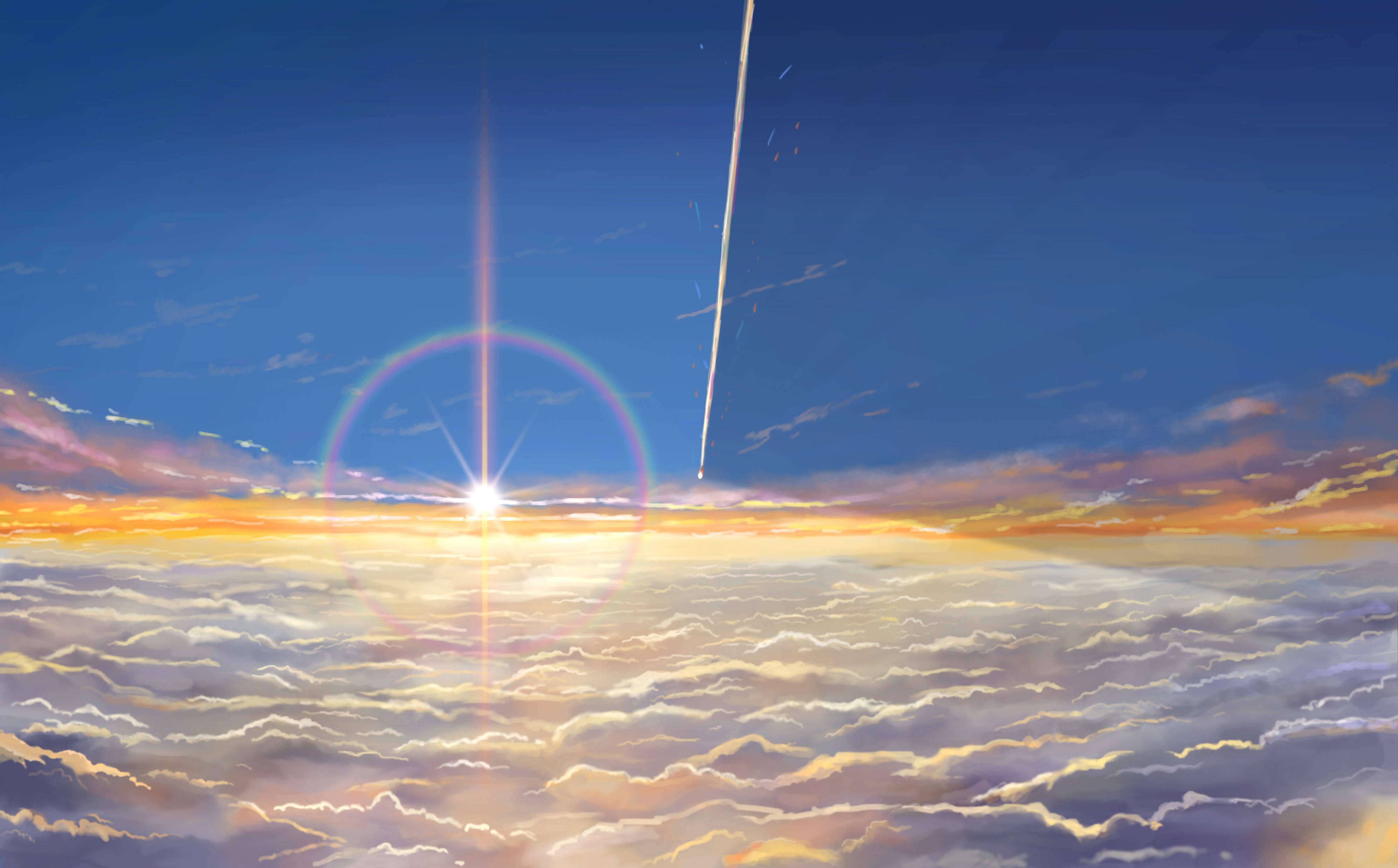 Makoto Shinkai 桌布 壁紙 — 燦爛的太陽在日出時穿透雲層，將金色光芒灑向廣闊的天空，一顆流星劃過天際。