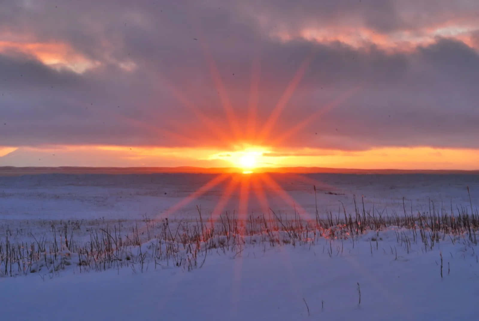 winter solstice 桌布 壁紙 — 燦爛的陽光穿透白雪覆蓋的凍原，在日落時分將溫暖的橙色光線投射在冰凍的景觀上。