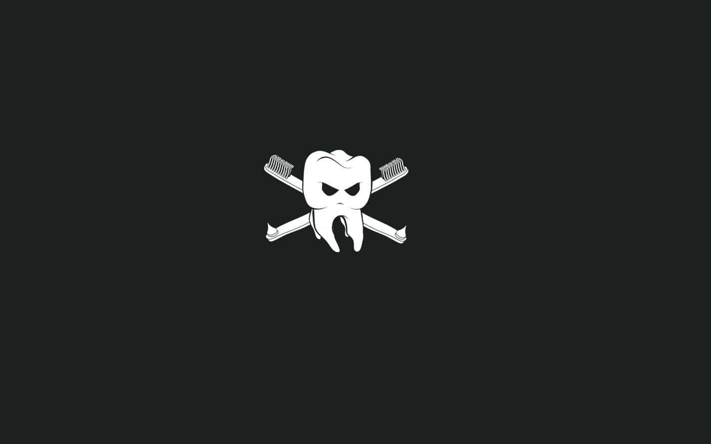 燦爛笑容 --> 更美好未來 壁紙 — 一顆鮮明的白色卡通牙齒，帶有憤怒的眼睛和交叉的牙刷，位於純黑色背景上。