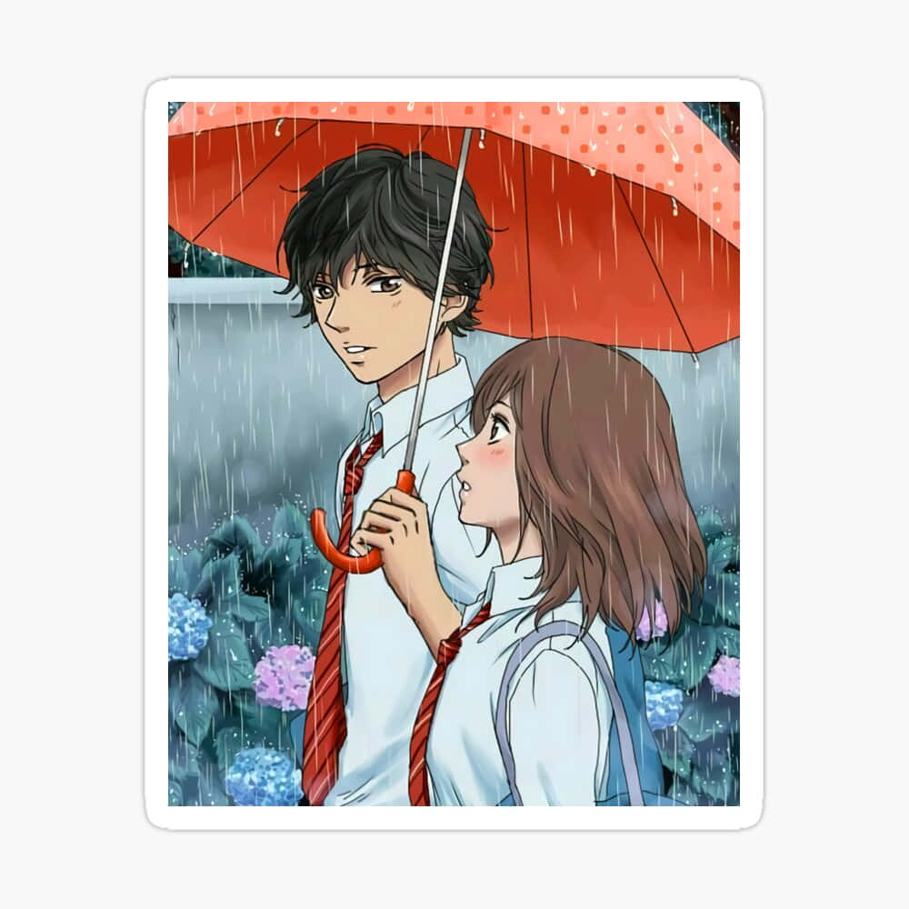 動漫青少年在雨中共享一把紅色雨傘，身後有繡球花。
