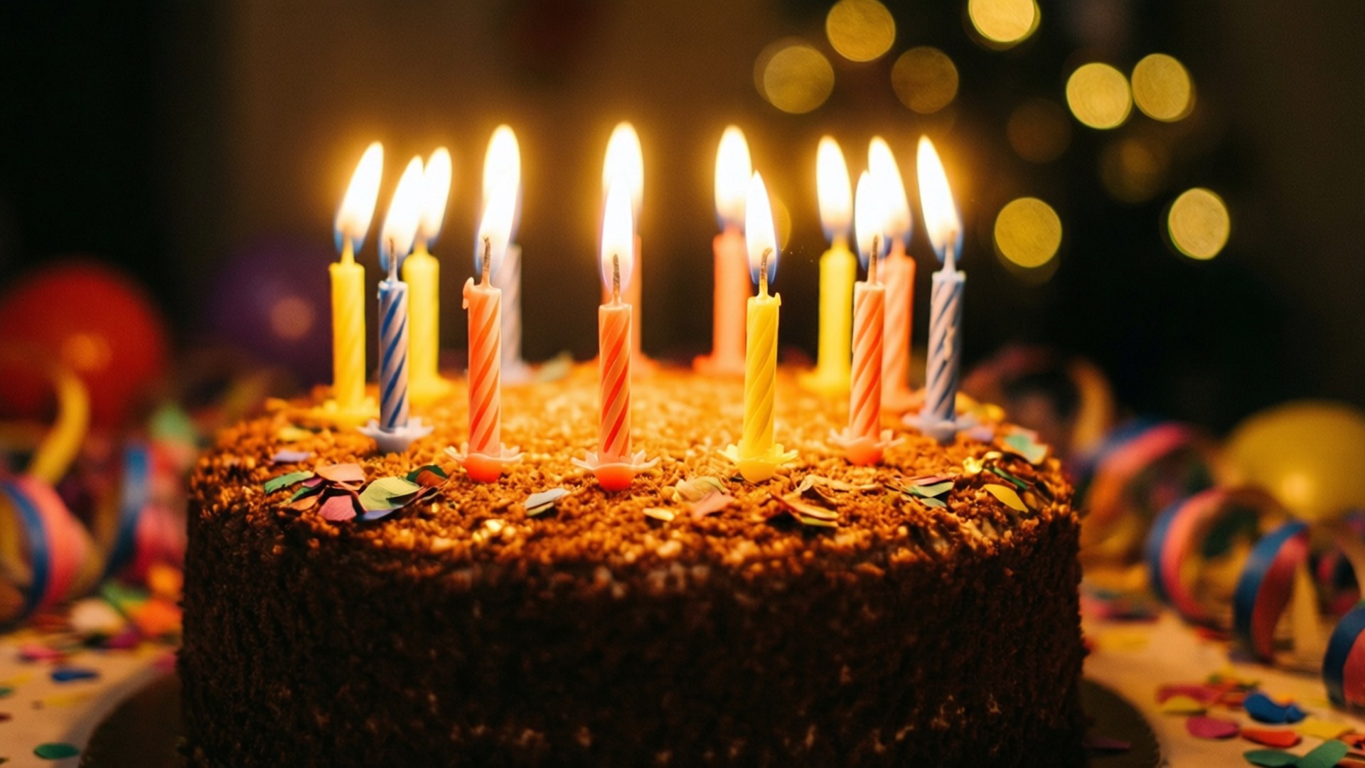 燭光生日蛋糕 壁紙 — 在溫暖節日燈光下，一個裝飾著點燃蠟燭和彩色糖粒的朱古力生日蛋糕。