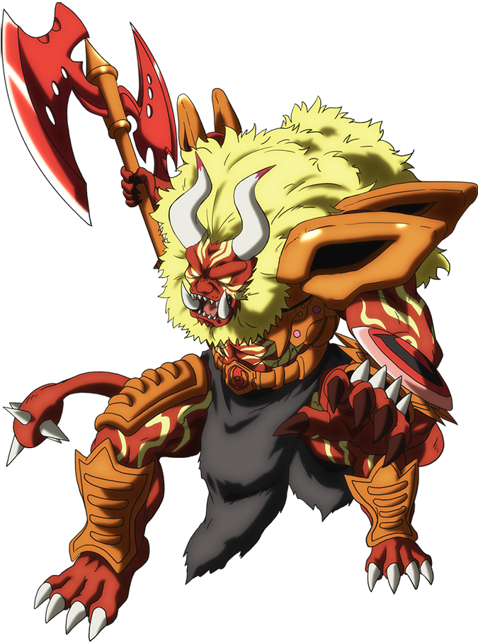 爆旋戰士角色插畫 壁紙 — 一個兇猛的動漫惡魔，黃色毛皮、白色角和紅色盔甲，以戰鬥姿勢揮舞著一把巨大的紅色斧頭。