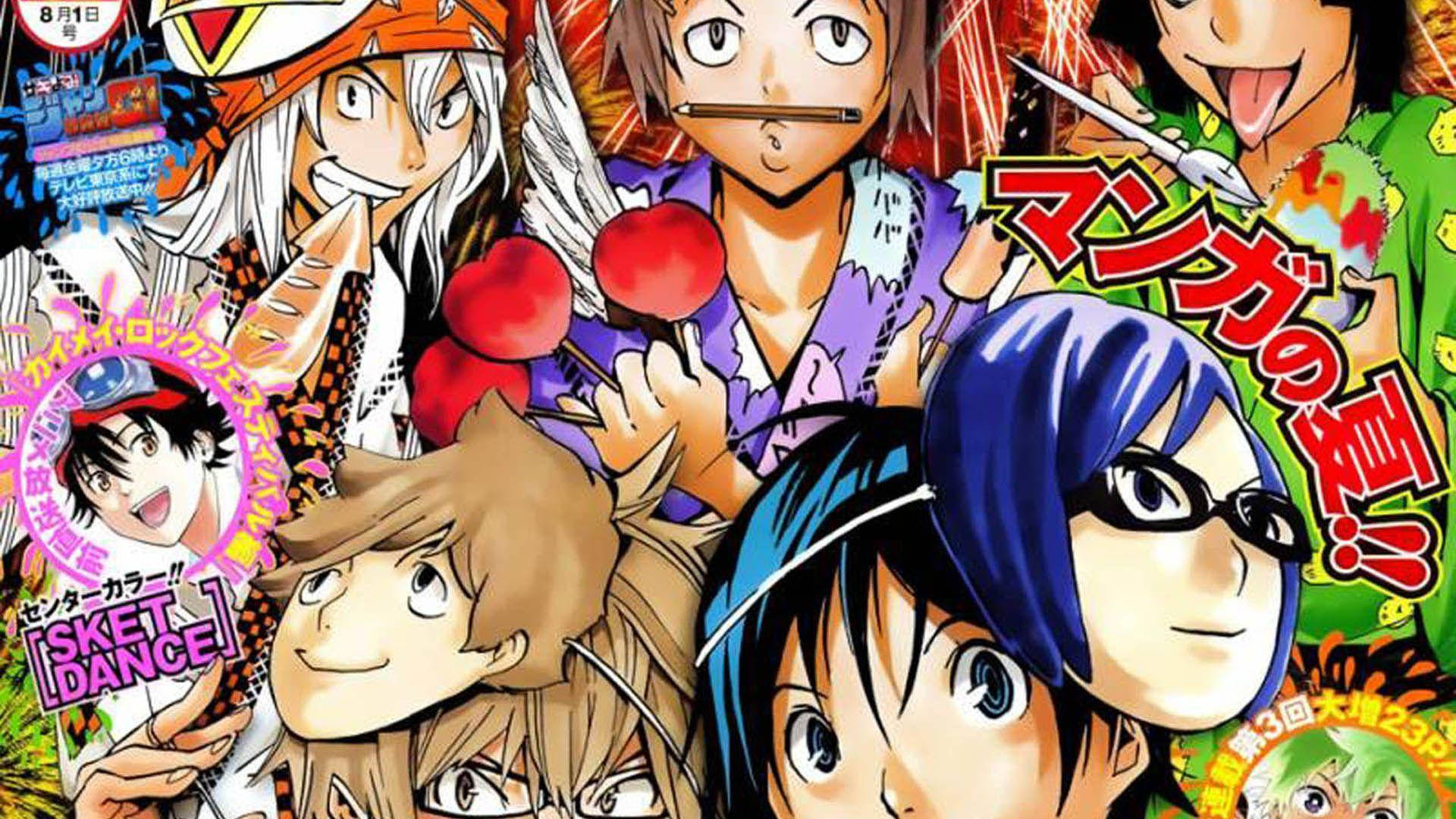 《爆漫王》拼貼藝術 壁紙 — 充滿活力的動漫角色，表情豐富，服裝色彩繽紛，從充滿能量和夏日氣息的漫畫封面中迸發出來。