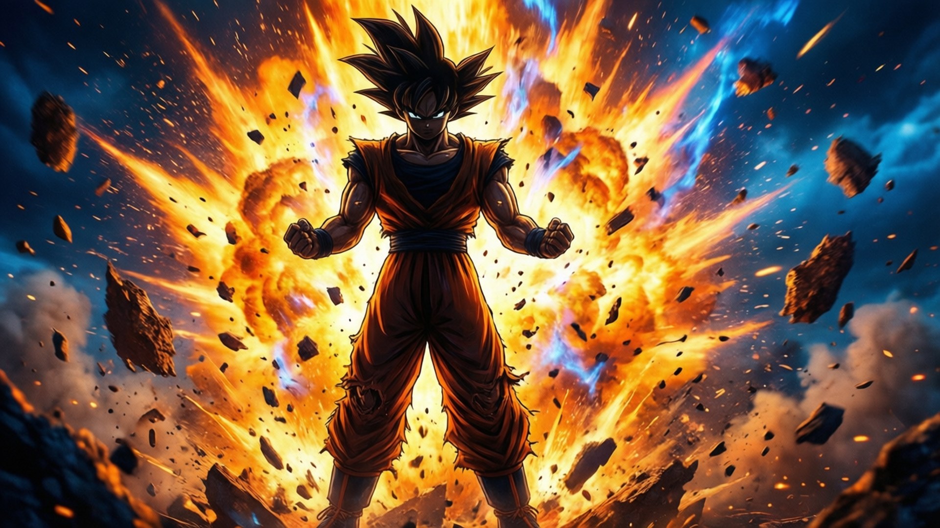 爆炸對決 壁紙 — 一位強大的動漫戰士站在熾熱的爆炸中，周圍環繞著發光的能量和飛舞的碎片，背景是黑暗的天空。