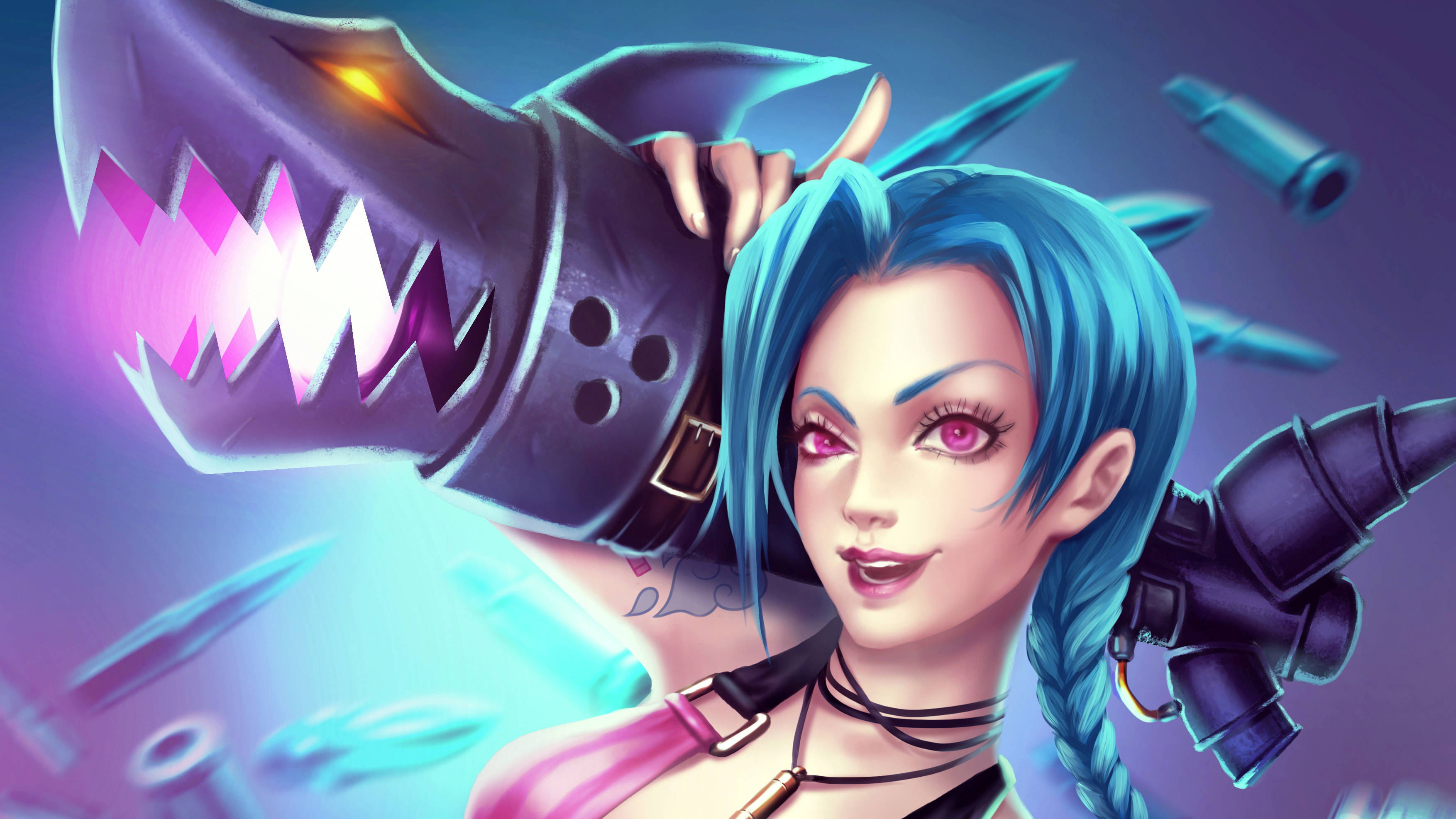 爆炸邂逅：Jinx與她的Fishbones 壁紙 — 一個藍髮的兇猛動漫女子在浮動的子彈中揮舞著發光的鯊魚頭武器，背景是充滿活力的紫色和青色數位場景。