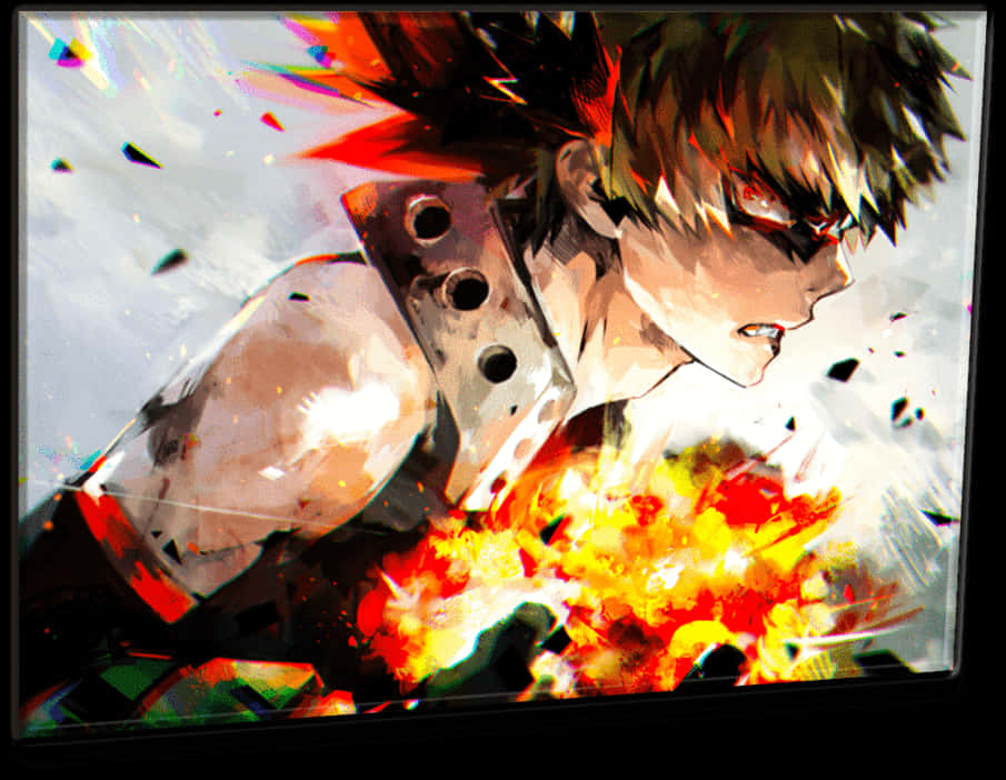 爆破英雄爆豪勝己動態畫 壁紙 — 一個擁有尖刺頭髮和護目鏡的動漫角色，以動態動作姿勢釋放出火焰爆炸。