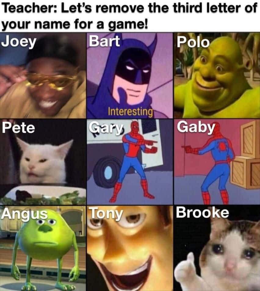迷因網格，包含移除第三個字母後的名字，如Joey Bart Polo Pete Gary Gaby Angus Tony Brooke。 — 搞笑 壁紙