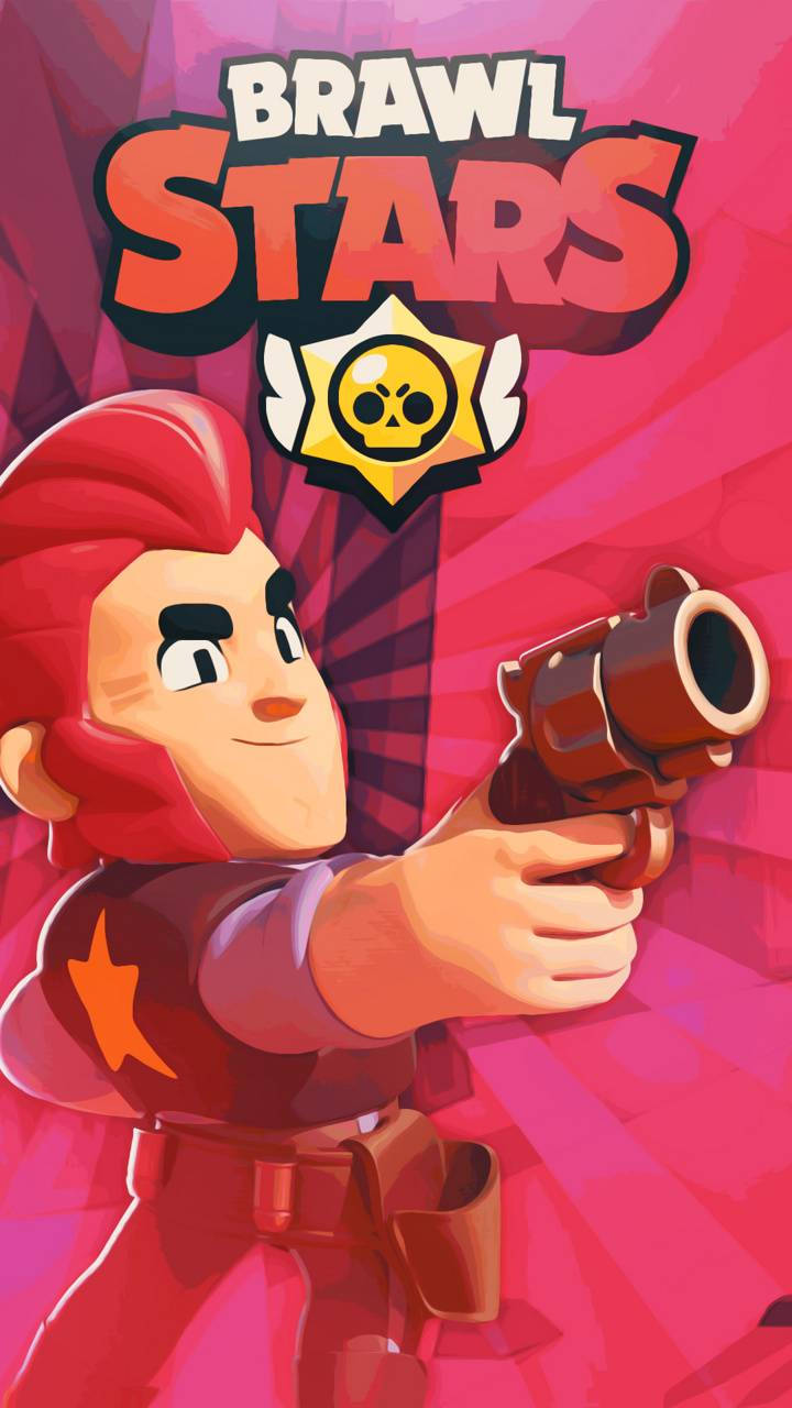 Brawl Stars角色喺粉紅色背景前用槍瞄準。