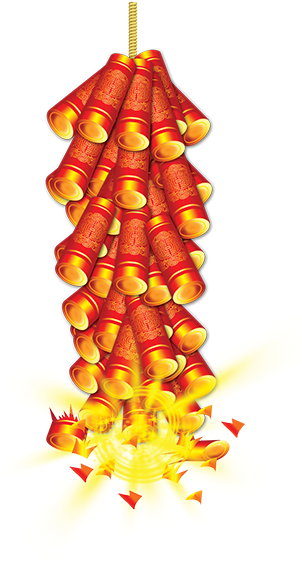 爆裂煙花束 壁紙 — 一串紅色鞭炮懸掛並爆炸，在黑色背景上迸發出明亮的黃色火花。