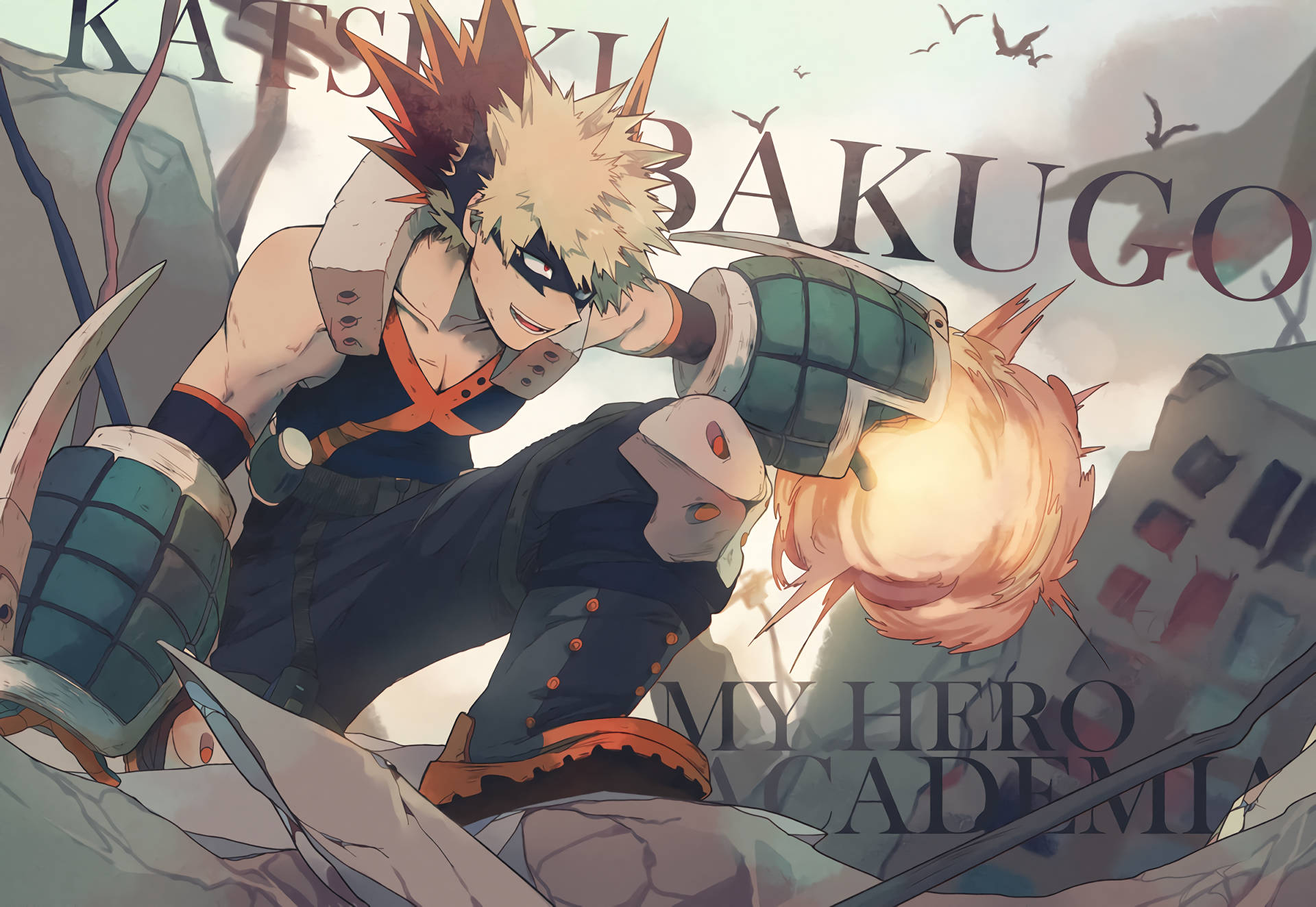 動漫英雄爆豪在瓦礫和飛鳥中打出火焰爆炸拳。