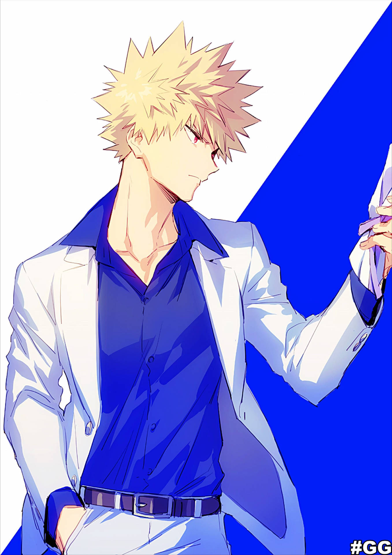 動漫男孩，金色尖刺頭髮，身穿藍色襯衫和白色外套。