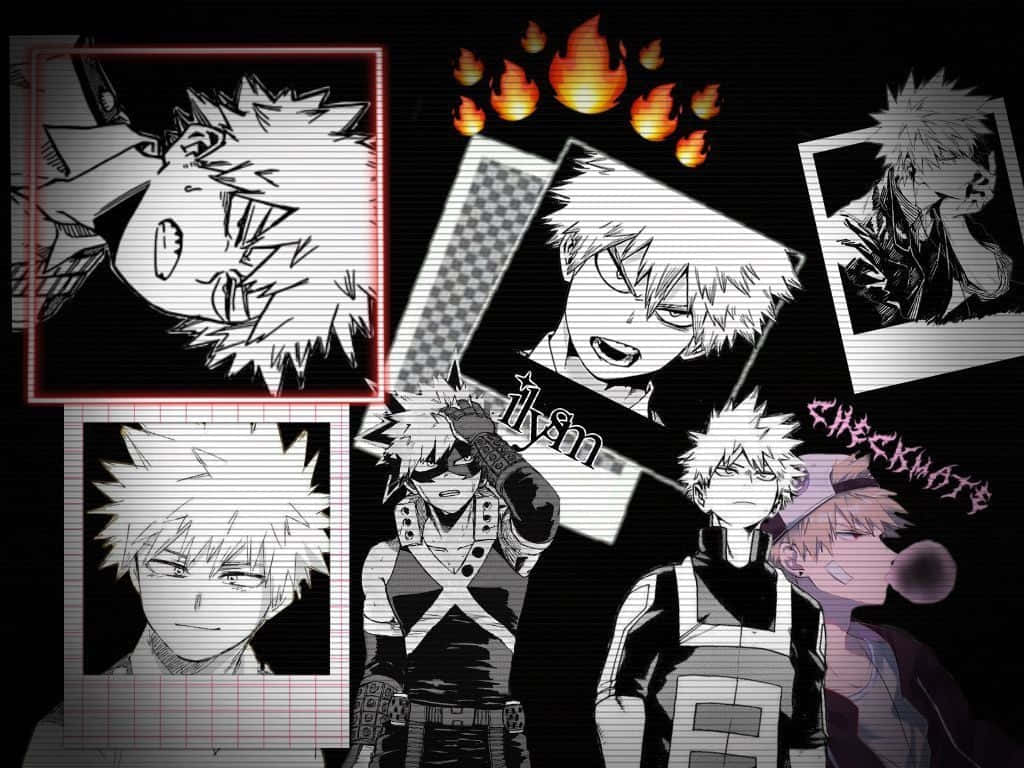 爆豪勝己 風格黑白桌面壁紙 壁紙 — 動感動漫角色肖像，帶有火焰般的點綴和橫線紙質紋理，襯以深色背景。