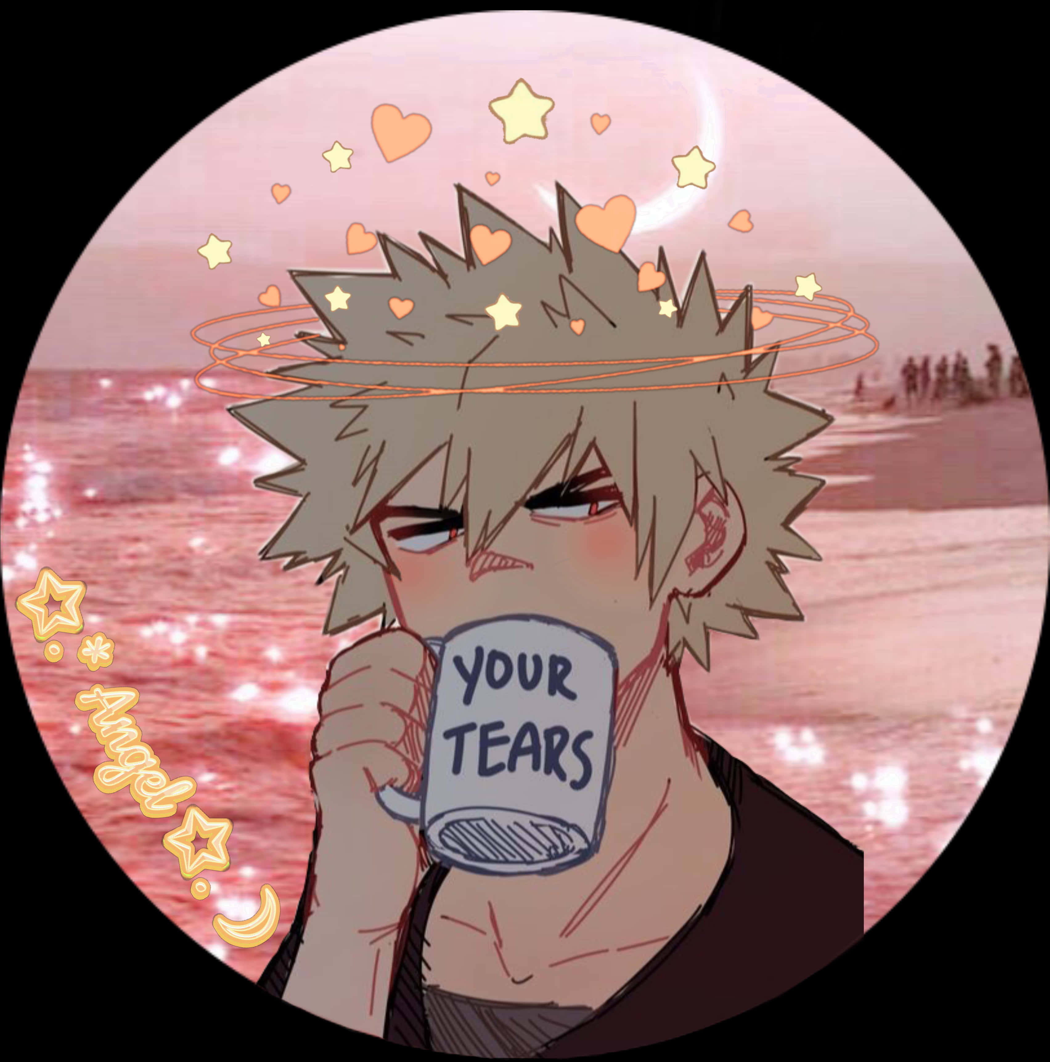 爆豪勝己啜飲你的淚水 壁紙 — 刺蝟頭動漫男孩從標有「YOUR TEARS」的杯子中啜飲，背景是粉紅色日落海洋，漂浮著愛心和星星。