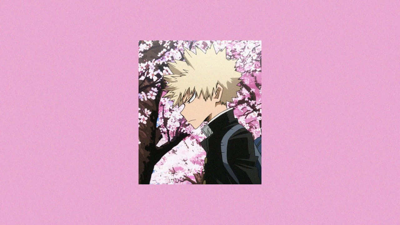 動漫男孩，金色豎髮，在粉紅背景下的櫻花下。