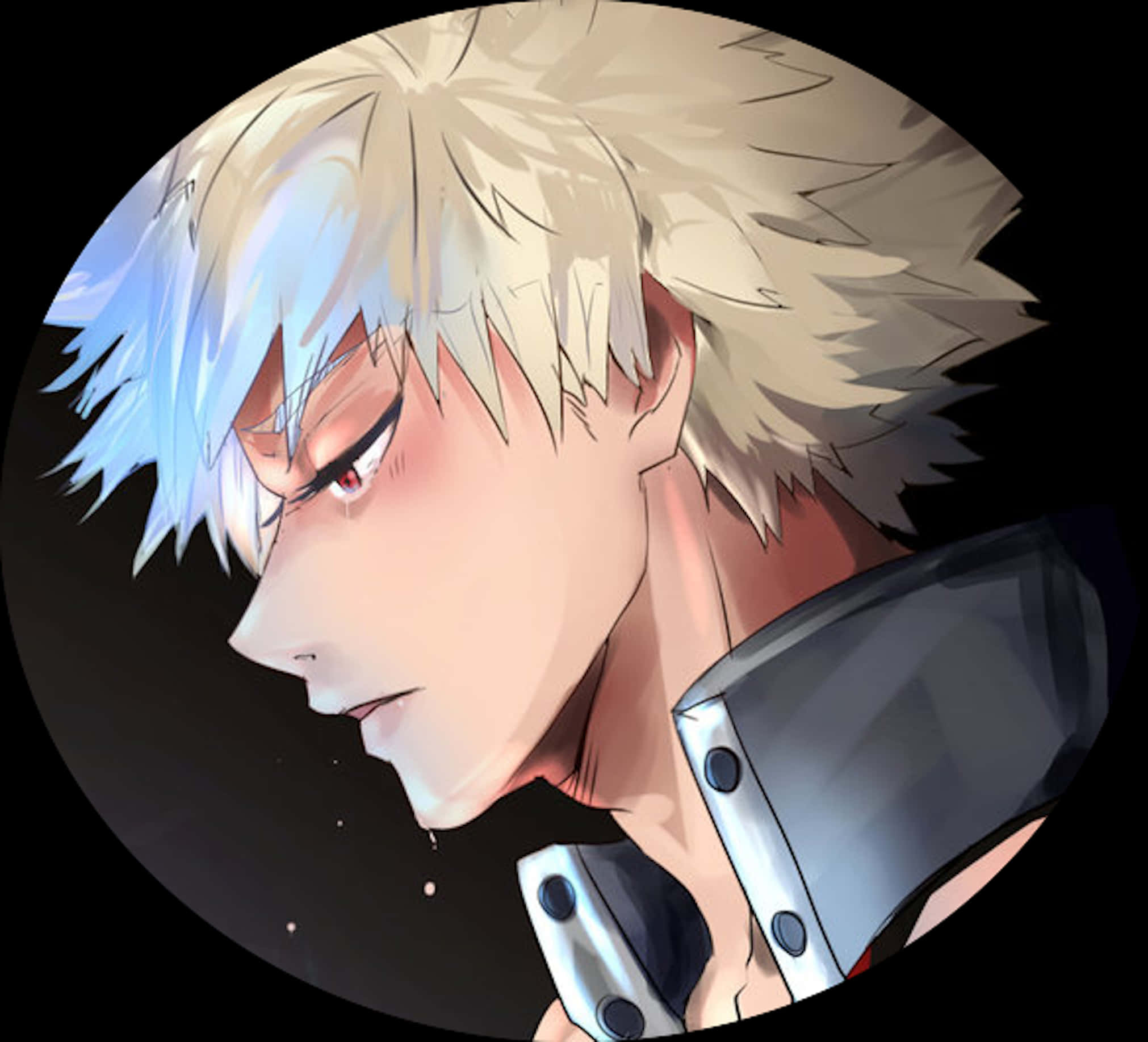 爆豪勝己特寫肖像 壁紙 — 一個近距離動畫肖像，描繪一個有藍白刺蝟頭、紅眼睛、流淚的男性角色，穿著盔甲，背景為黑色。