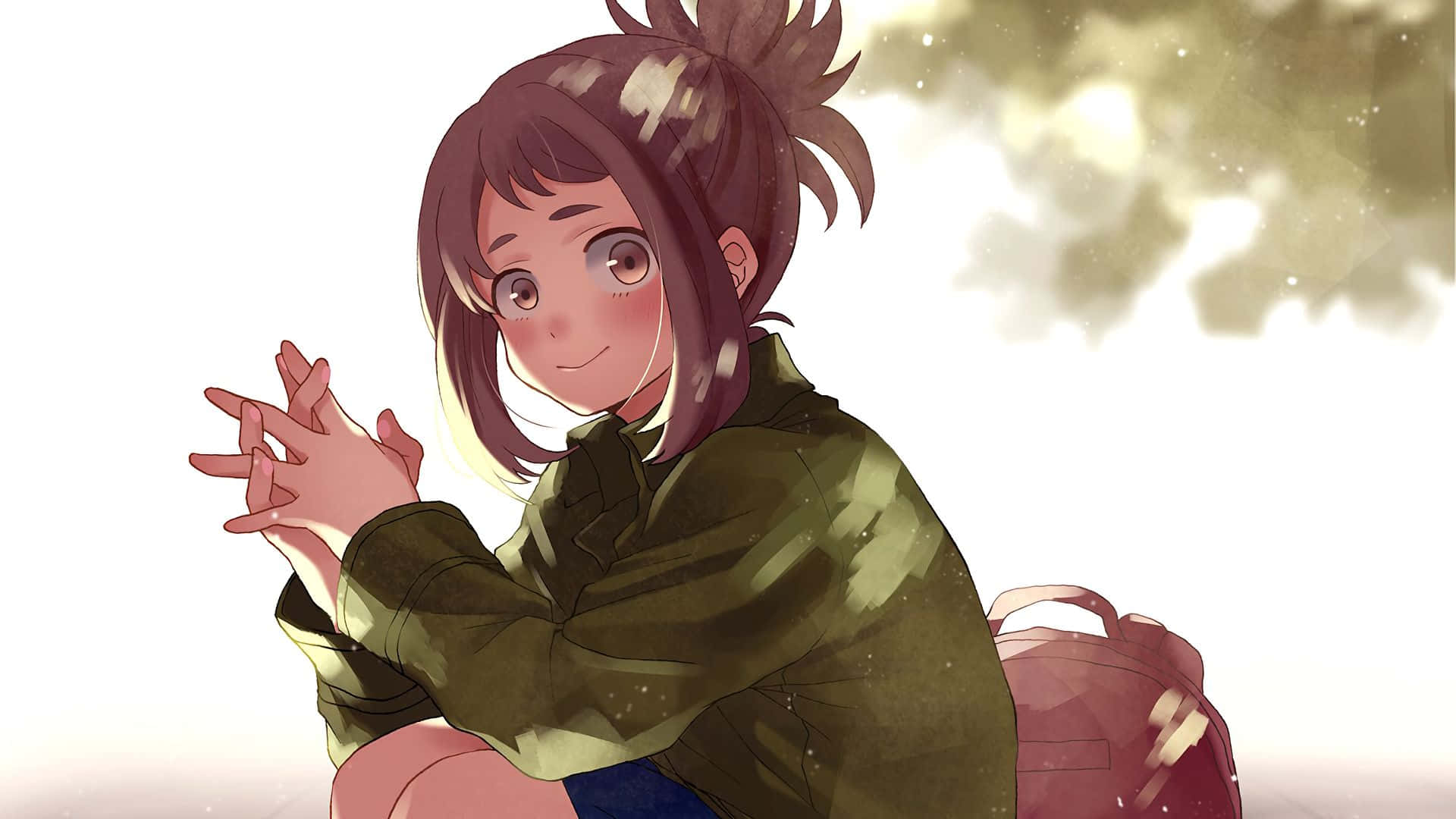 棕色頭髮的動漫女孩微笑著拍手，坐著並背著背包。