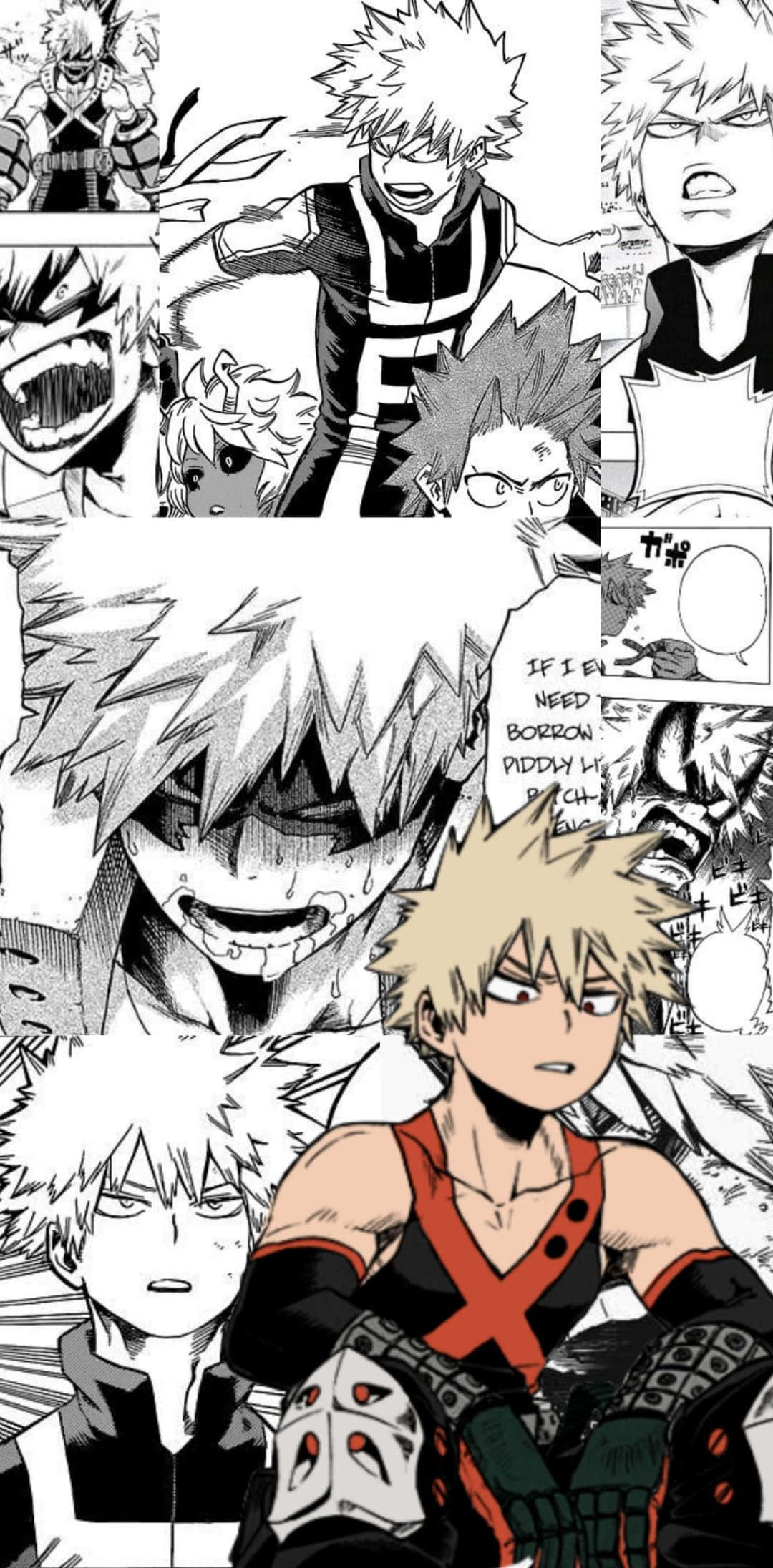 爆豪勝己釋放「呼吸」能力 壁紙 — 動態黑白漫畫面板， featuring Bakugo 在激烈動作姿勢中，帶有表情豐富的臉和對話氣泡。