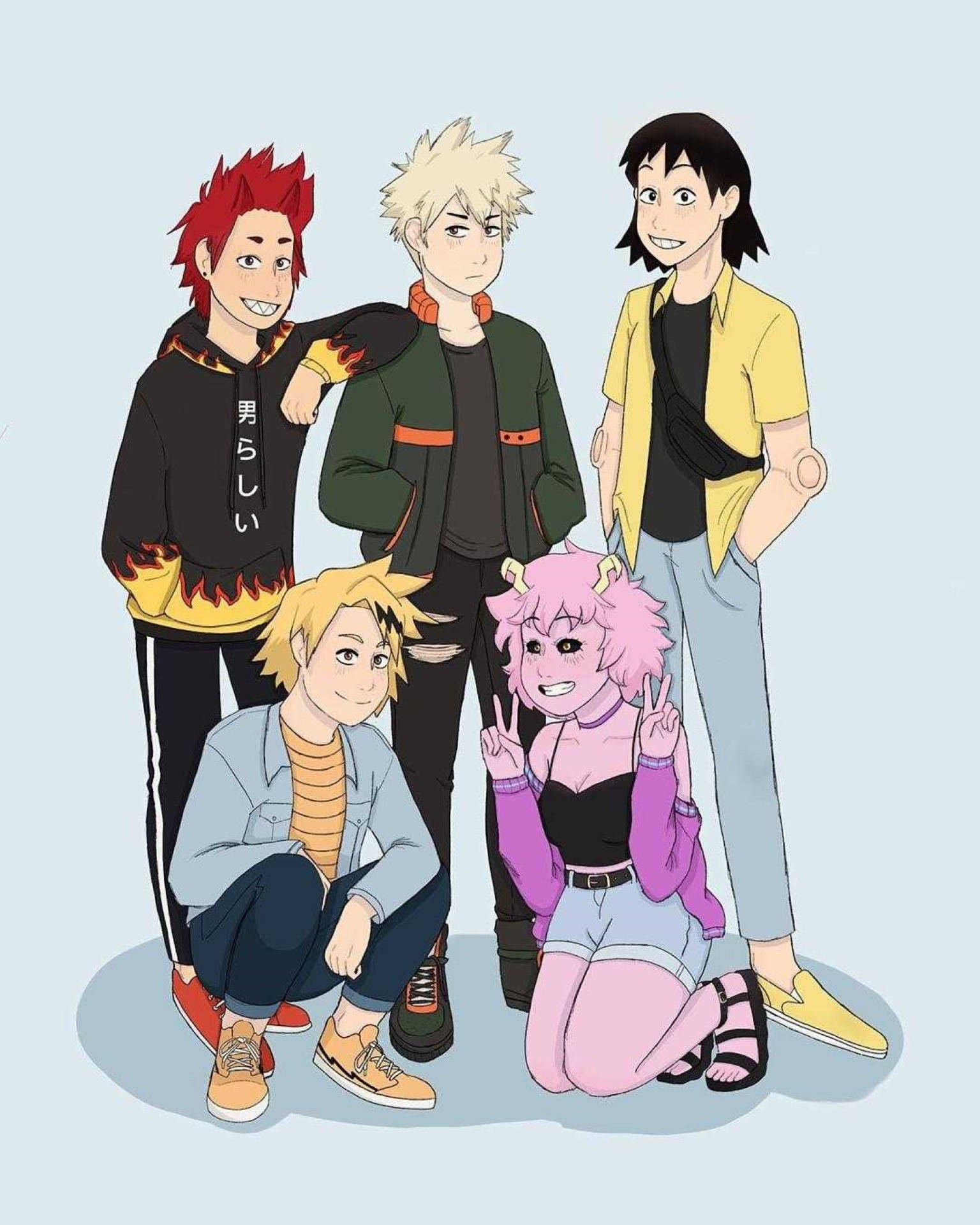 五位動漫角色一起擺姿勢，擁有明亮的頭髮和休閒服裝。