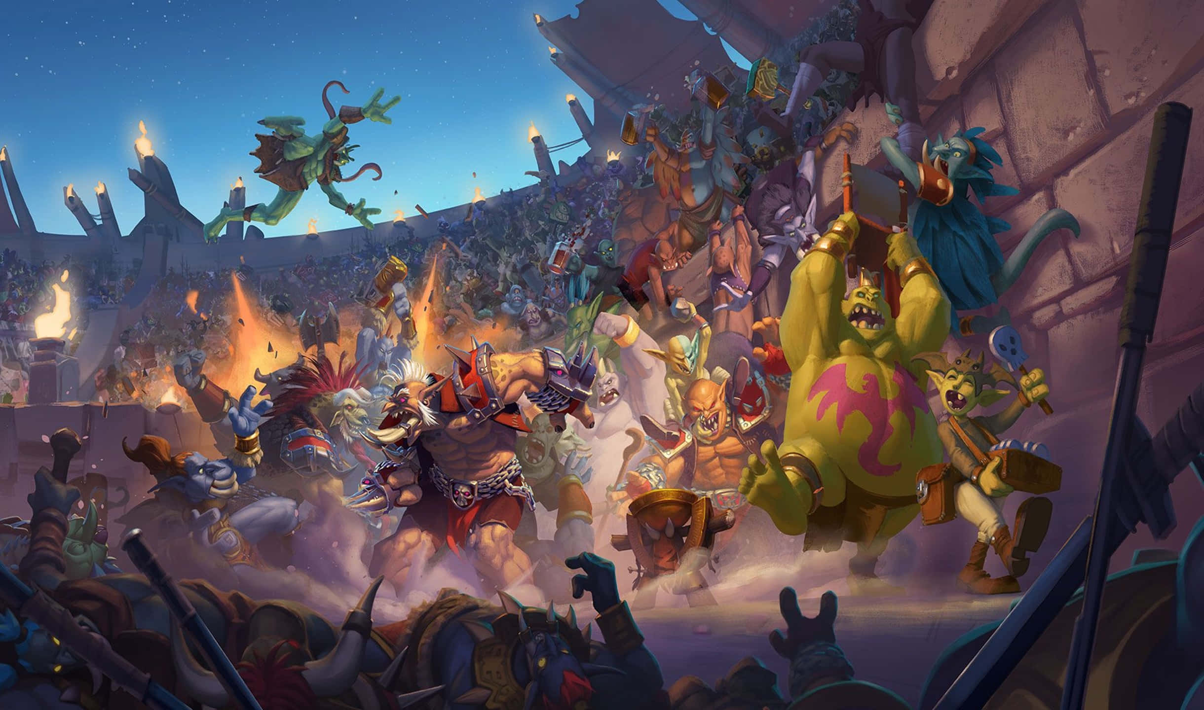 爐石傳說 Rastakhan's Rumble 背景 壁紙 — 奇幻生物在繁星點點的暮色天空下，於混亂的競技場戰鬥中碰撞，伴隨著熾熱的爆炸和歡呼的人群。