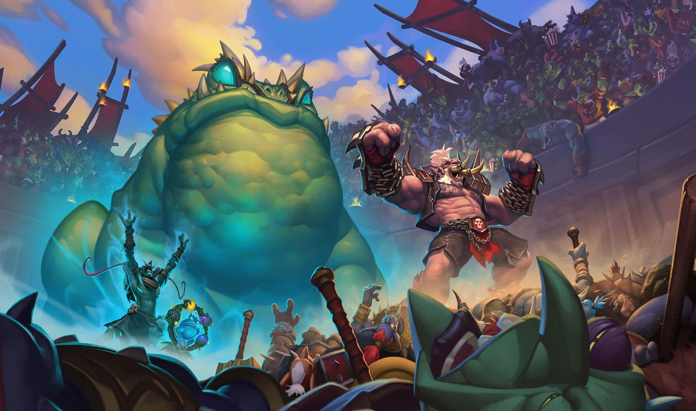 爐石傳說 Rumble Run 與巨型青蛙背景 壁紙 — 一個巨大的綠色食人魔在擁擠的競技場上與一名肌肉發達的戰士戰鬥，背景是充滿活力的日落天空。