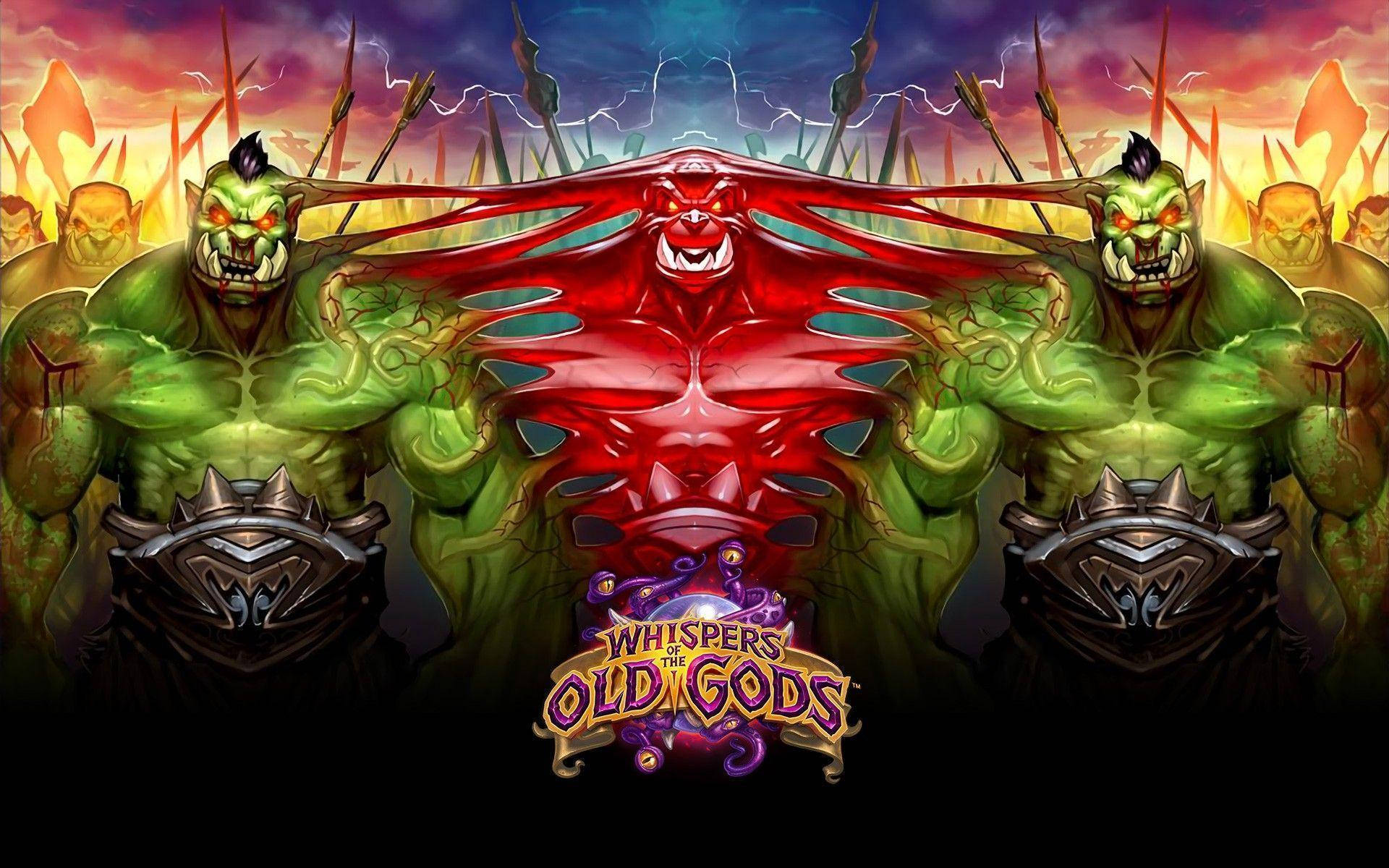 爐石傳說：遠古之神的低語 壁紙 — 兩個綠色獸人戰士在熾熱的戰場天空下，護衛著中央的紅色惡魔實體。