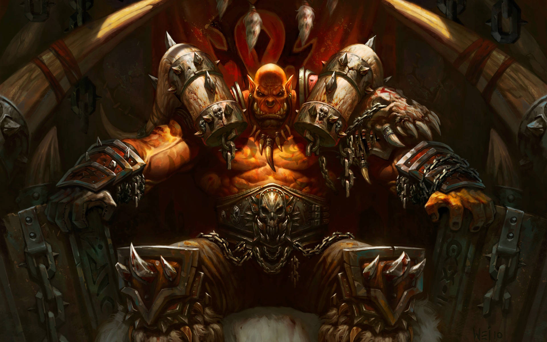 爐石傳說戰士職業 壁紙 — 一個巨大的獸人 warlord，發光的橙色皮膚，坐在一個黑暗洞穴般大廳的尖刺王座上。