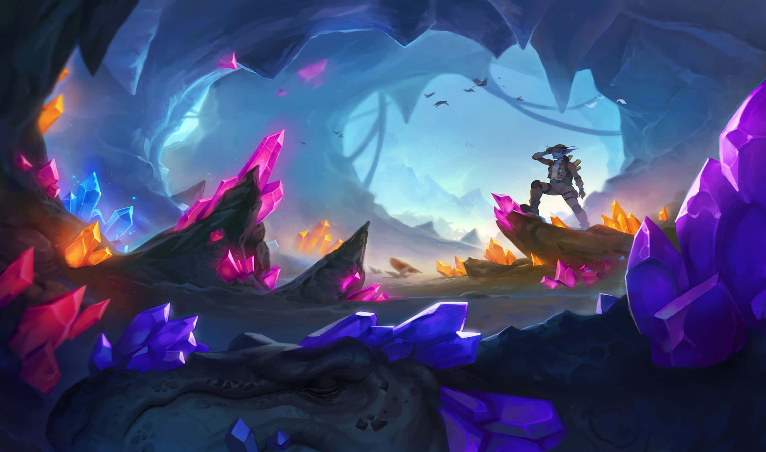 爐石傳說最後的 Kaleidosaur Galvadon 背景 壁紙 — 一位孤獨的冒險家站在一個巨大洞穴內發光的晶體結構頂部，鮮豔的紫色和橙色晶體照亮了遠處的暮色天空。
