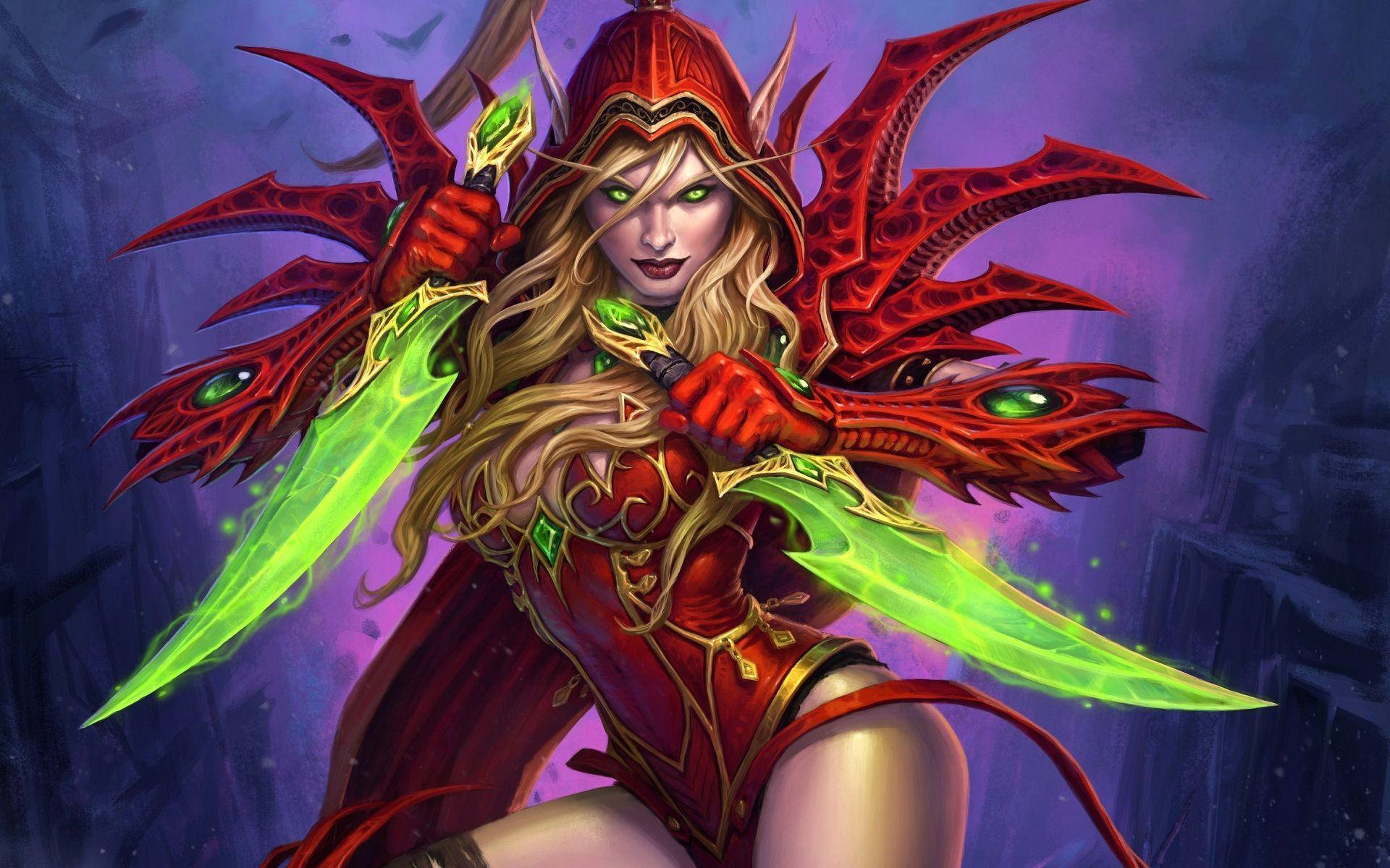 爐石傳說盜賊職業 壁紙 — 一位身穿紅色盔甲的兇猛女性惡魔獵手，在深紫色哥德式背景下揮舞著發光的綠色刀刃。