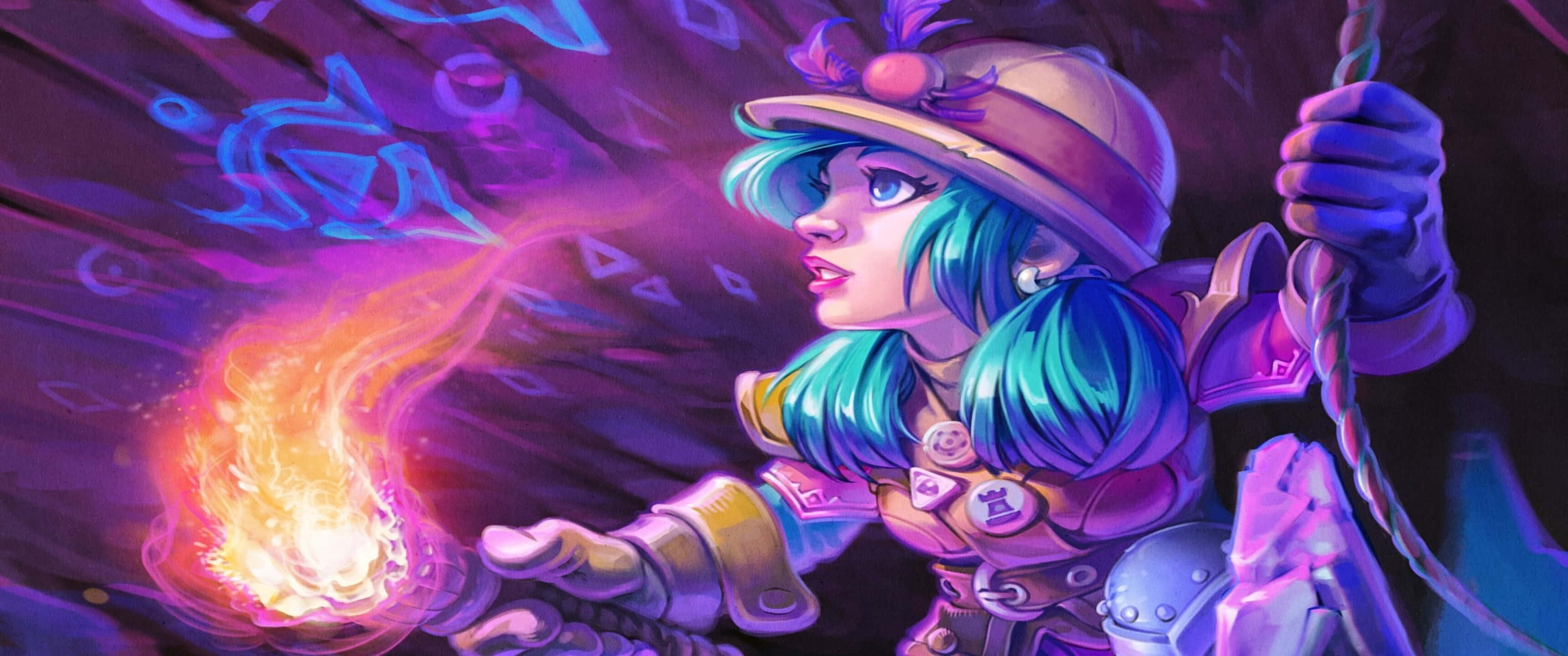 爐石傳說虛擬世界的美麗多彩風景 壁紙 — 一位幻想法師，擁有藍綠色頭髮和帽子，在旋轉的紫色和藍色魔法背景下召喚出一個火球。