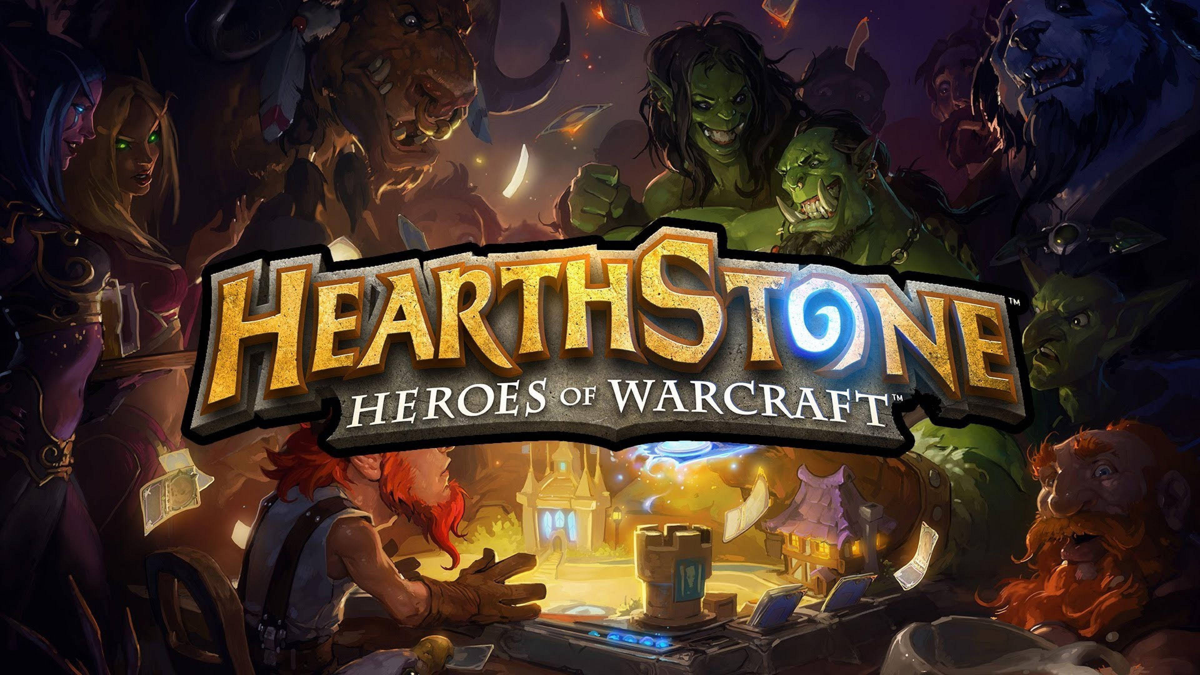 爐石傳說首張海報 壁紙 — 一幅充滿活力的數碼藝術插圖，展示Hearthstone Heroes of Warcraft標誌，周圍環繞著奇幻角色，背景為酒館場景。