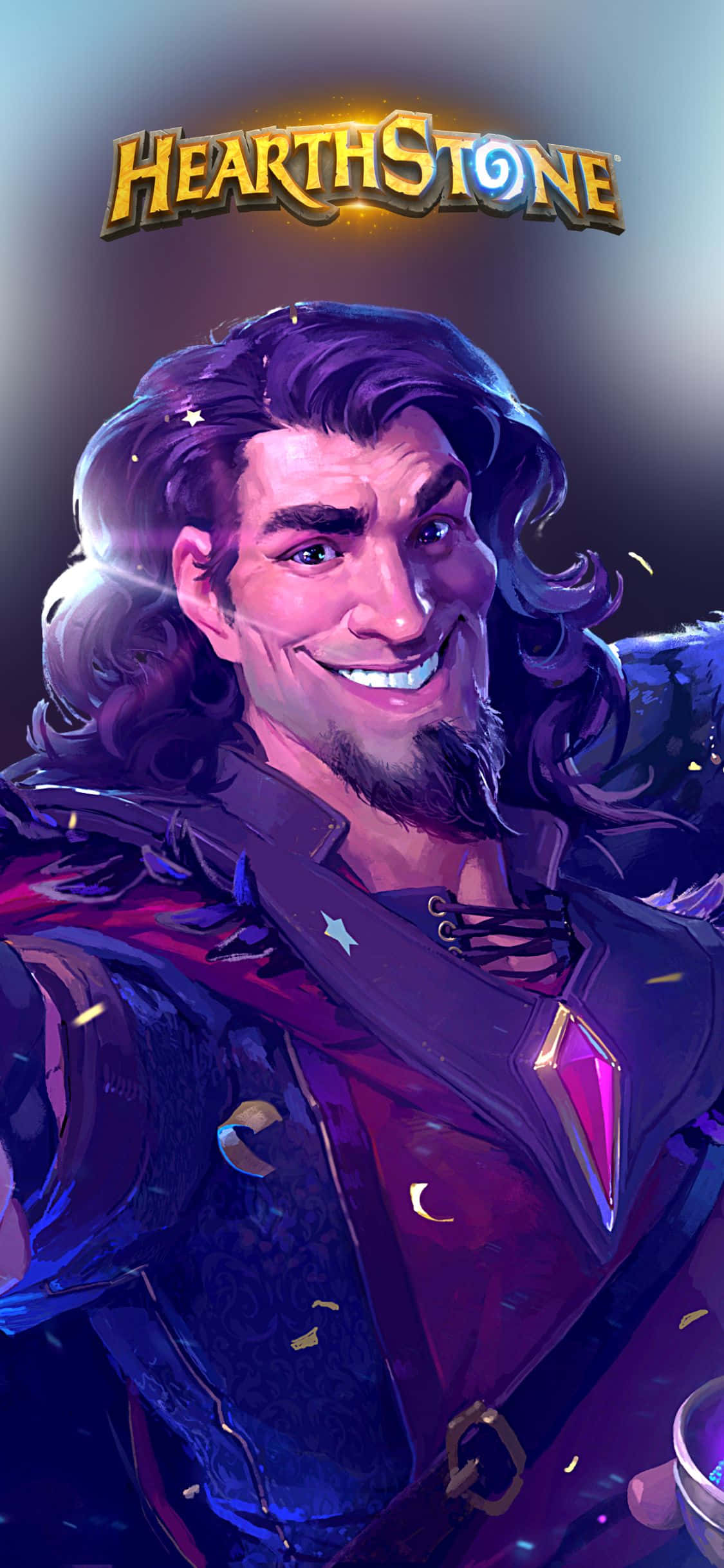 《爐石戰記》Medivh the Guardian iPhone XS 背景 壁紙 — 一個快樂的動畫角色，擁有紫色頭髮和發光的眼睛，在奇幻遊戲宣傳圖片中微笑。