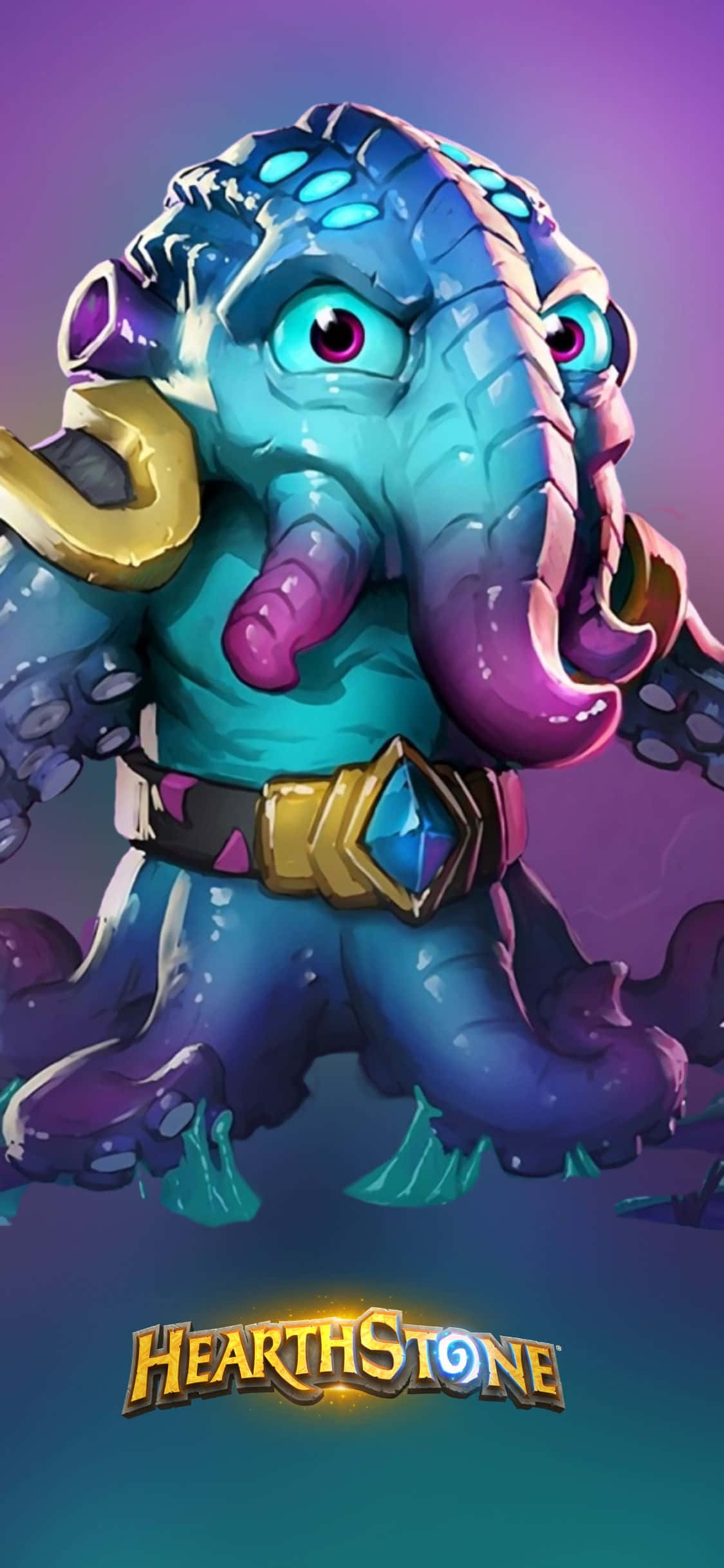 《爐石戰記》N'Zoth 的後裔 iPhone XS 背景 壁紙 — 一隻充滿活力的卡通章魚，擁有發光的藍色眼睛和紫色觸手，自豪地站在漸變紫色和藍綠色的背景上。