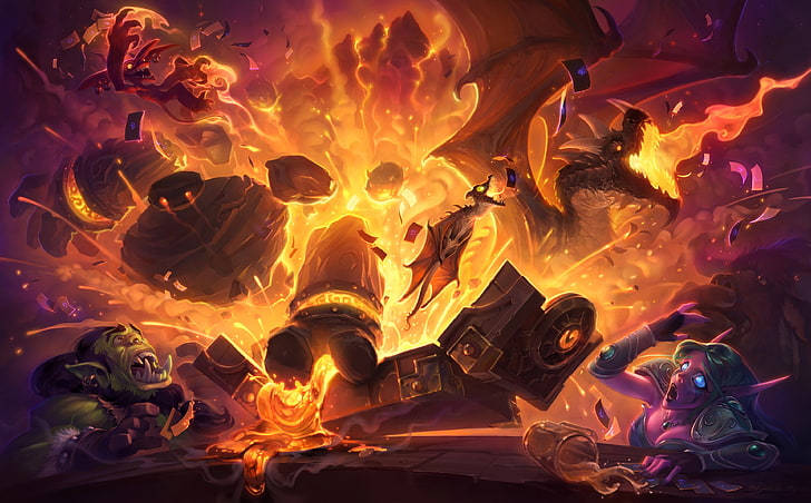 龍、惡魔和爆炸機械在熾熱混亂中的奇幻戰鬥場景。