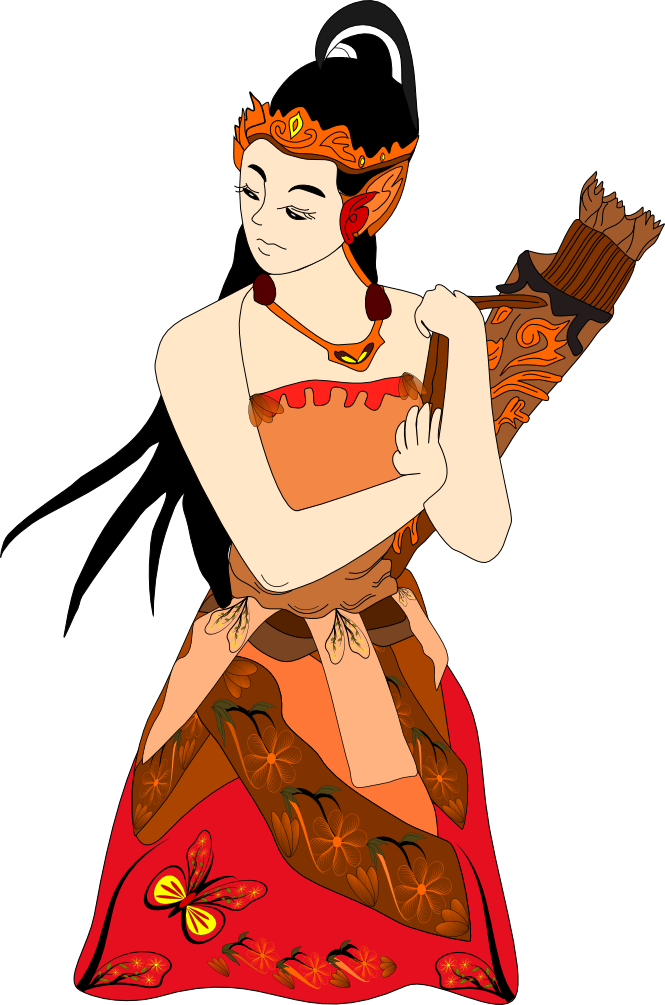 爪哇木偶風格女性角色插圖 壁紙 — 一位風格化的插圖女性，穿著華麗的紅色和棕色服飾，在黑色背景前手持裝飾杖。