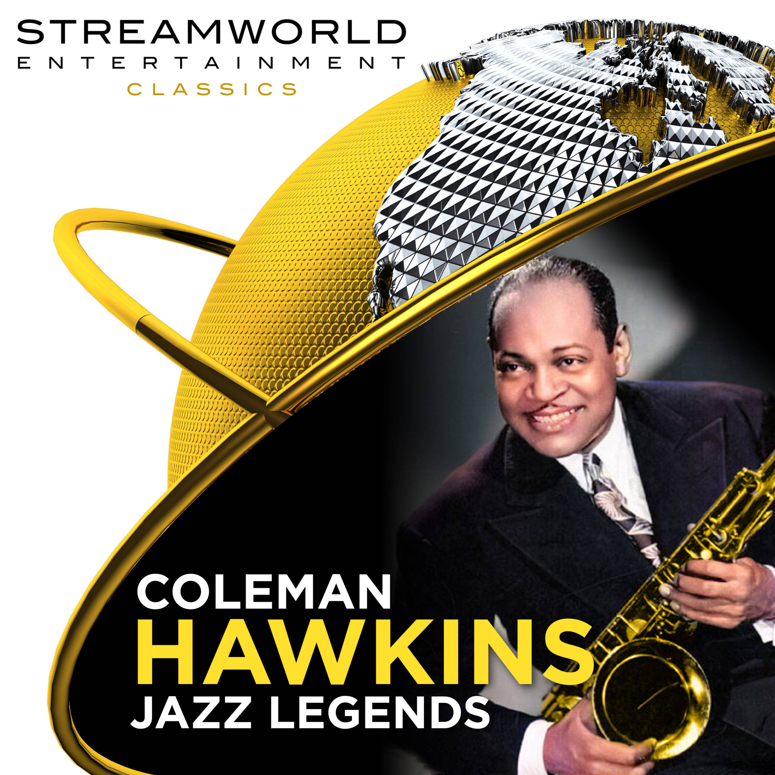 爵士傳奇Coleman Hawkins 壁紙 — 微笑的Coleman Hawkins身穿西裝，手持金色色士風，背景為風格化的地球儀，帶有幾何形狀的大陸和粗體黃色文字。