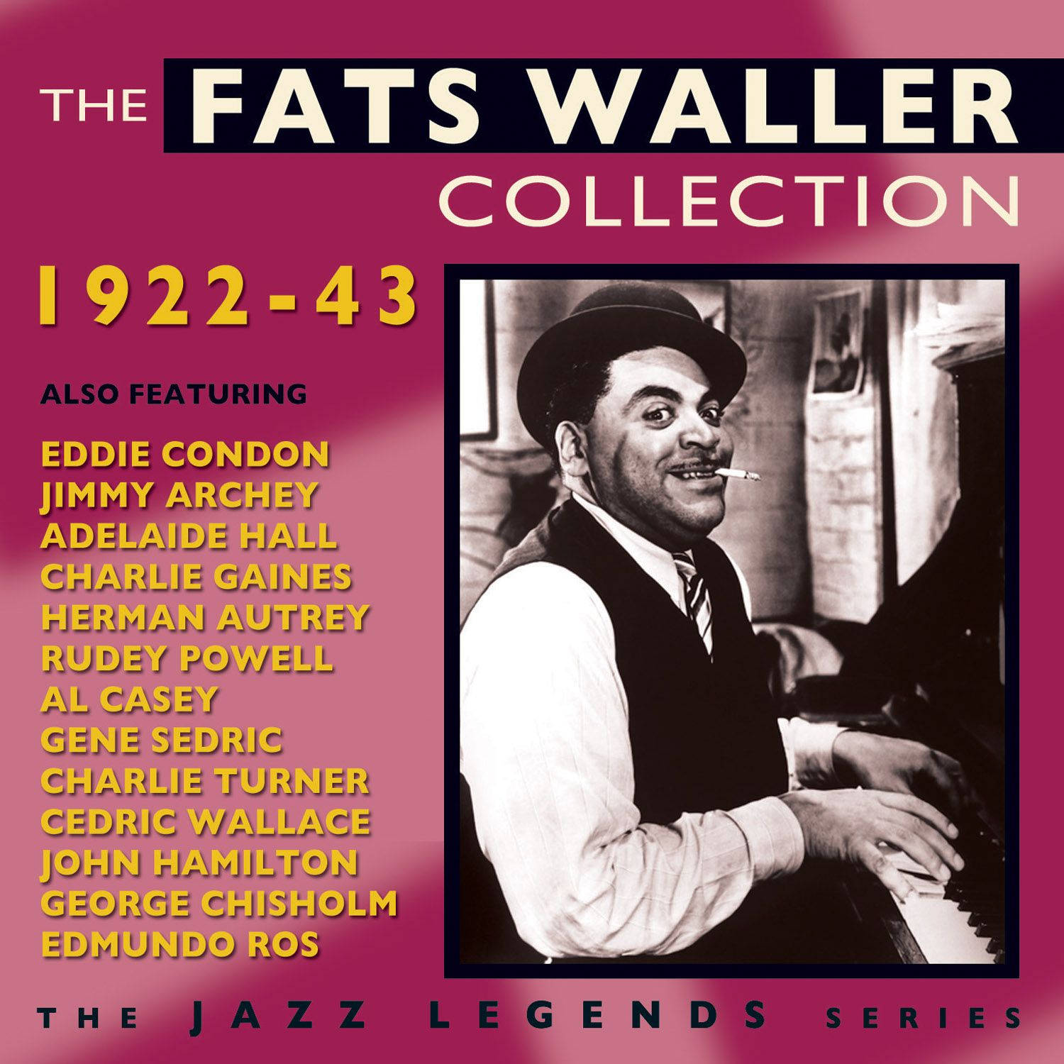 Fats Waller 在洋紅色爵士專輯封面上微笑著叼著香煙彈鋼琴。