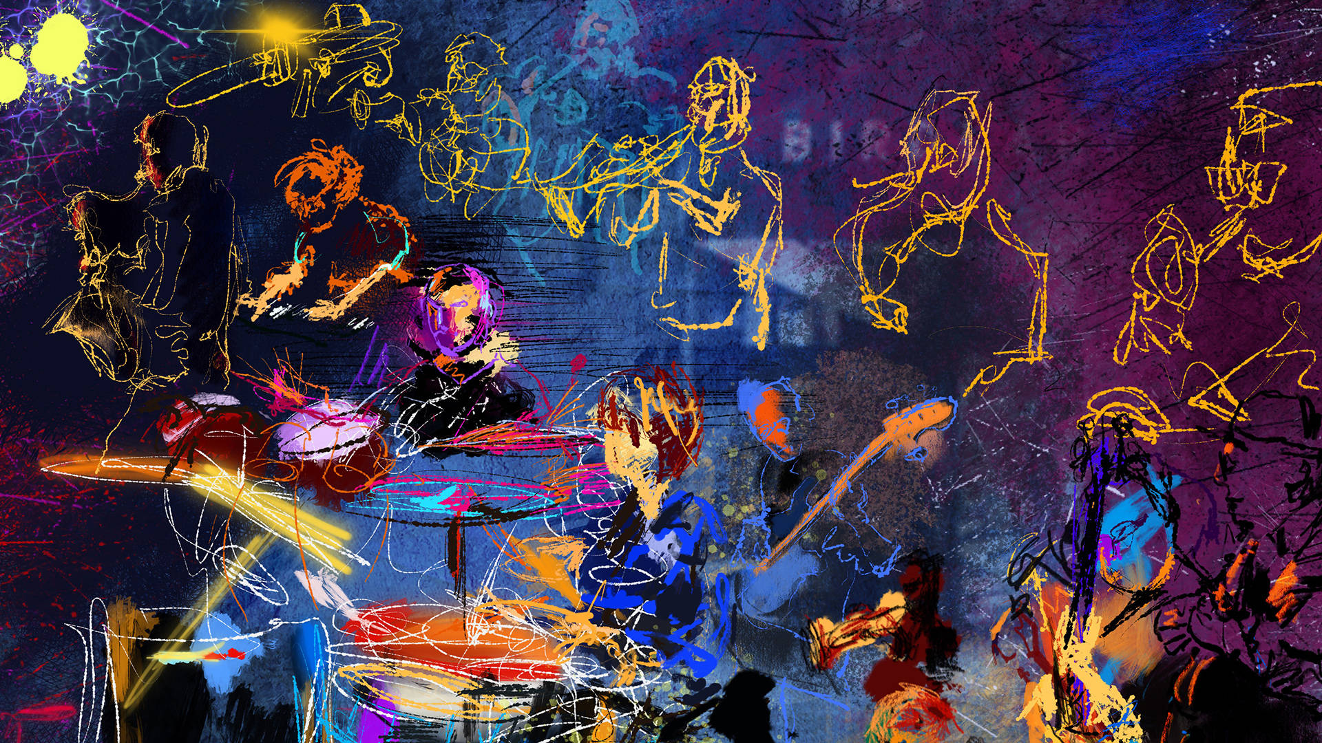 爵士樂團藝術 壁紙 — 充滿活力的抽象數位藝術作品，描繪音樂家在黑暗宇宙背景下演奏樂器，帶有發光的黃色輪廓。