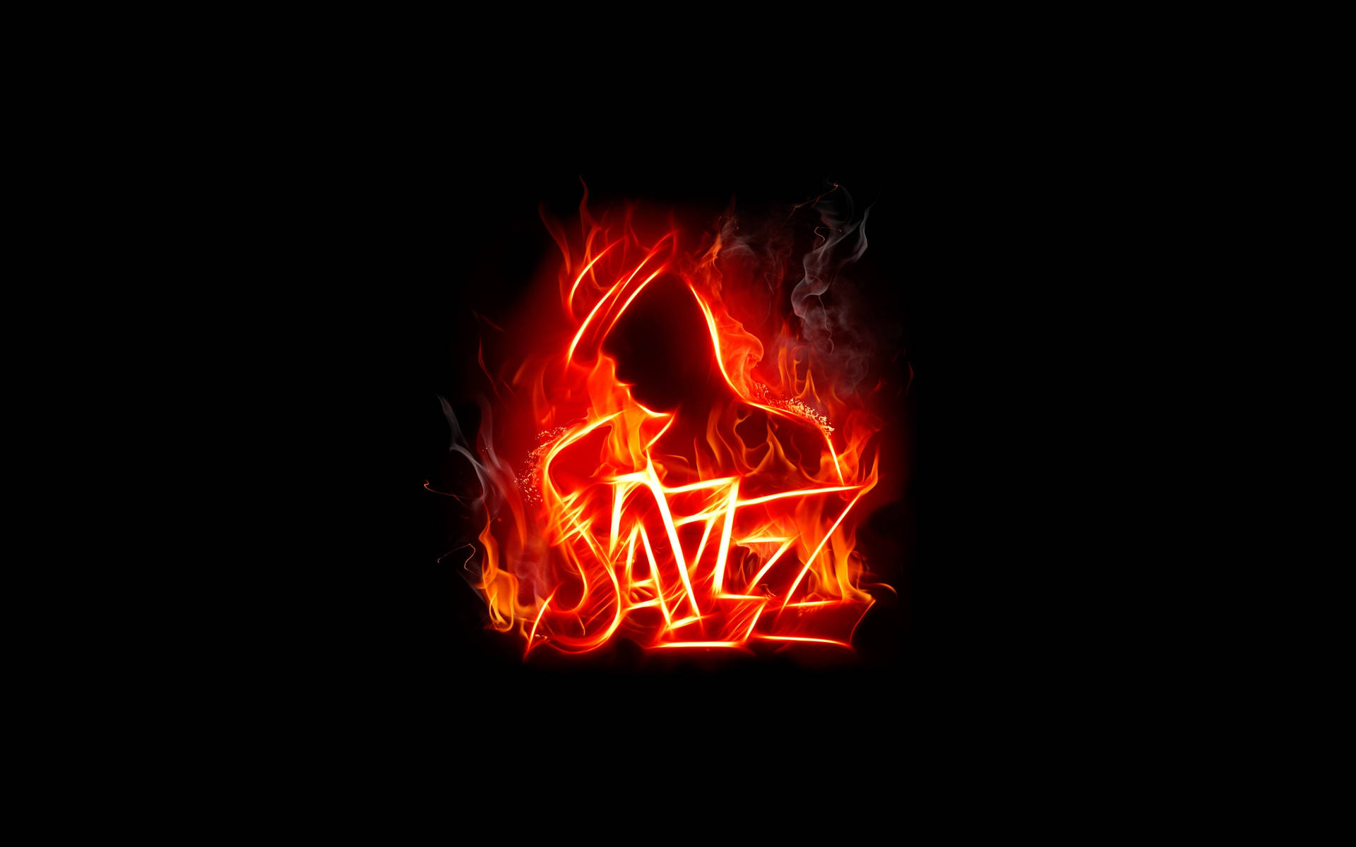 爵士樂燃燒 壁紙 — 「jazz」一詞在純黑背景上以鮮豔的橙色火焰燃燒，縷縷煙霧裊裊升起。