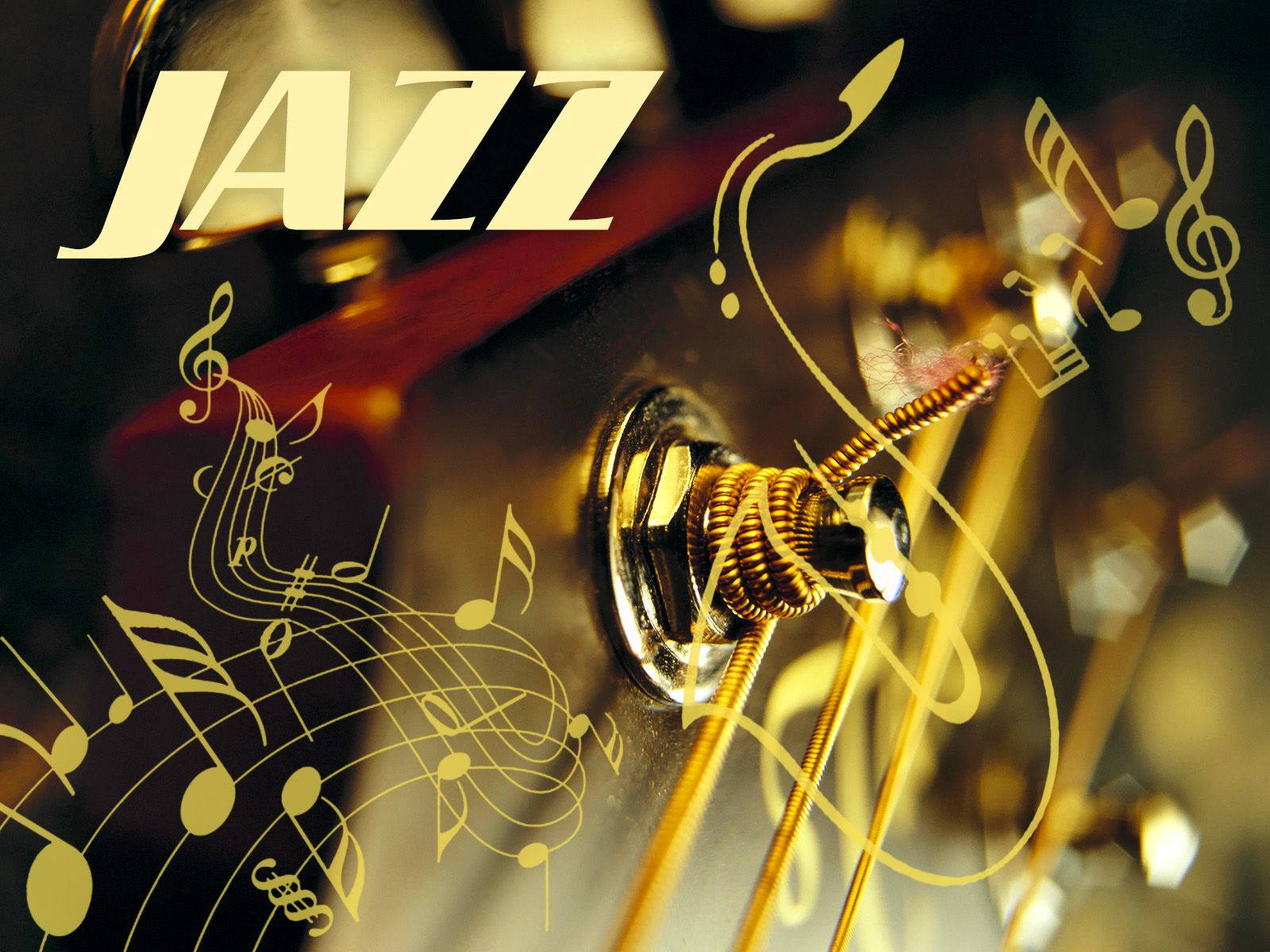 爵士樂的熱情與節奏 壁紙 — 金色音符圍繞結他的調音栓旋轉，'JAZZ' 文字在模糊的樂器背景上溫暖地發光。