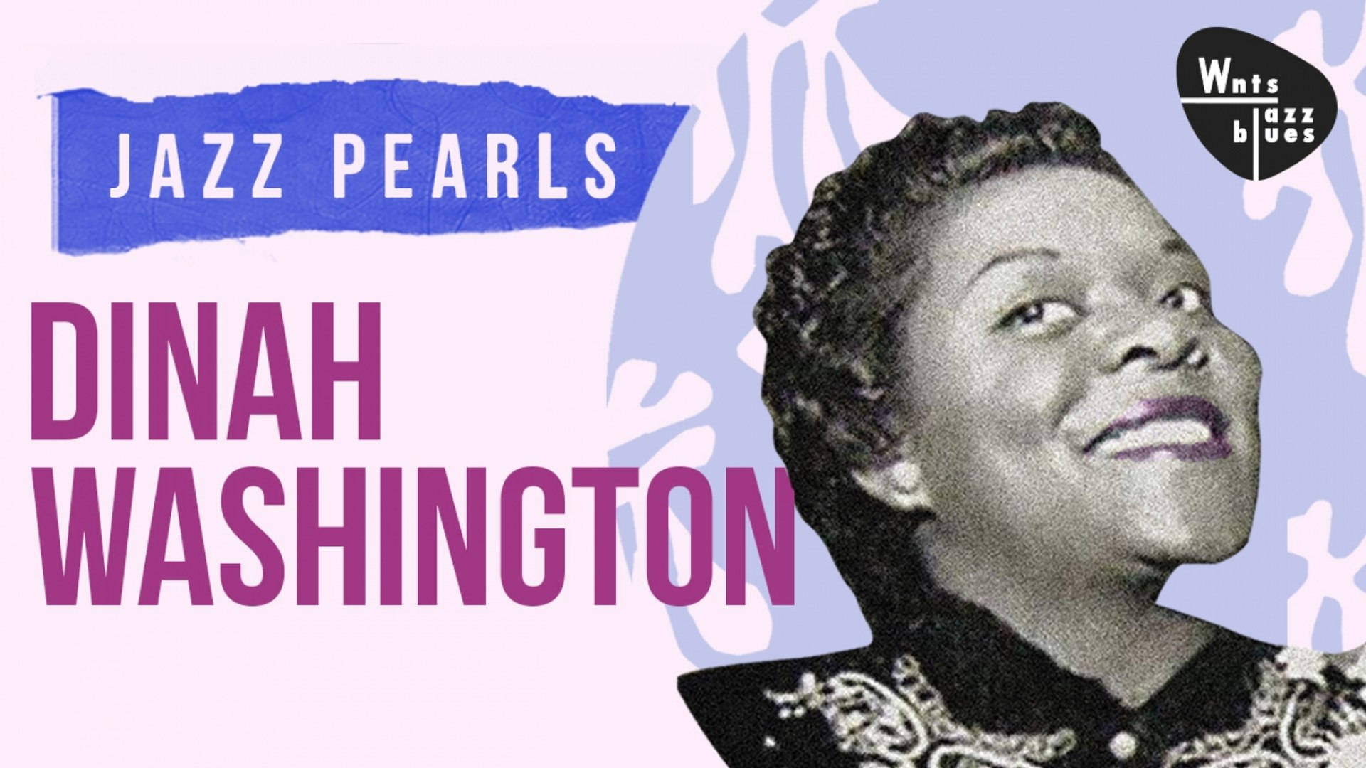 爵士珠寶：黛娜·華盛頓 壁紙 — 爵士歌手Dinah Washington微笑的復古肖像，配以風格化的紫色和藍色背景及粗體字體。