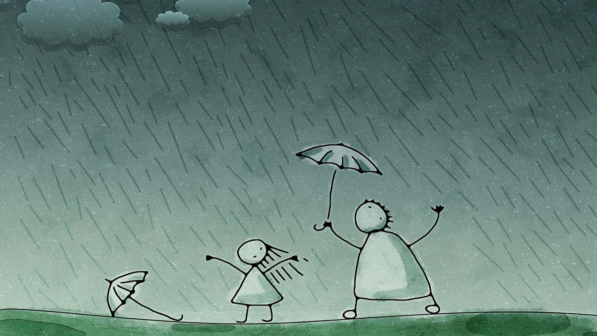 兩個火柴人在雨中跳舞，一個撐著傘，另一個開懷大笑。
