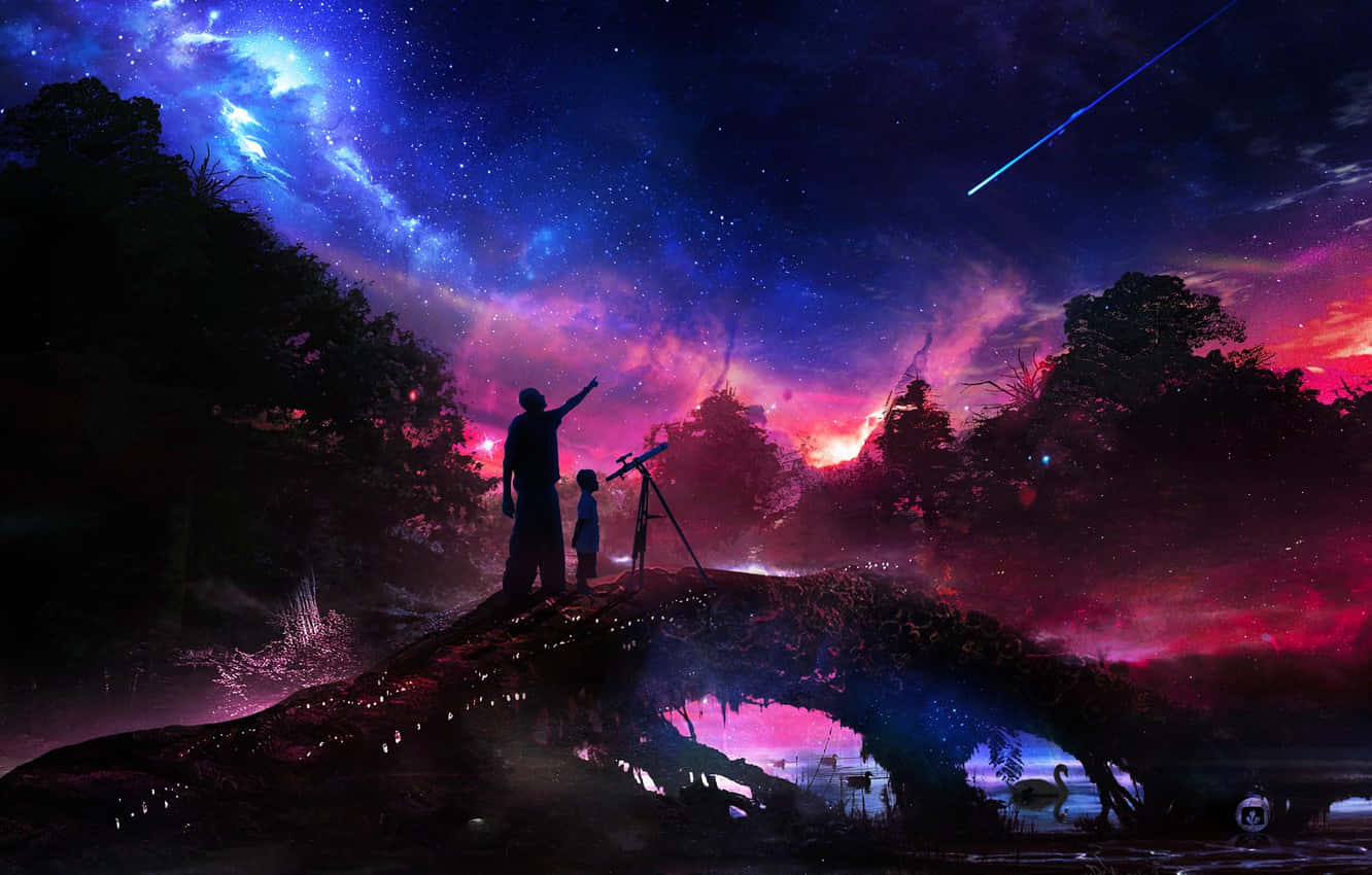 父與子於藍粉天空下觀星天文學 壁紙 — 橋上一個成人和一個小孩的剪影，凝視著充滿紫色、粉紅色和藍色星雲以及流星劃過的充滿活力的宇宙天空。