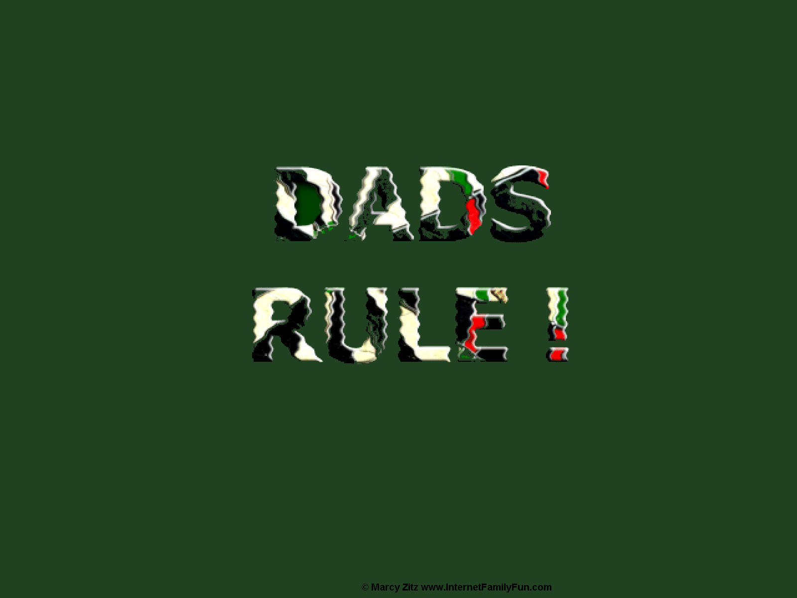 粗體 3D 文字寫著 DADS RULE!，帶有綠色、紅色和白色點綴，背景為深綠色。