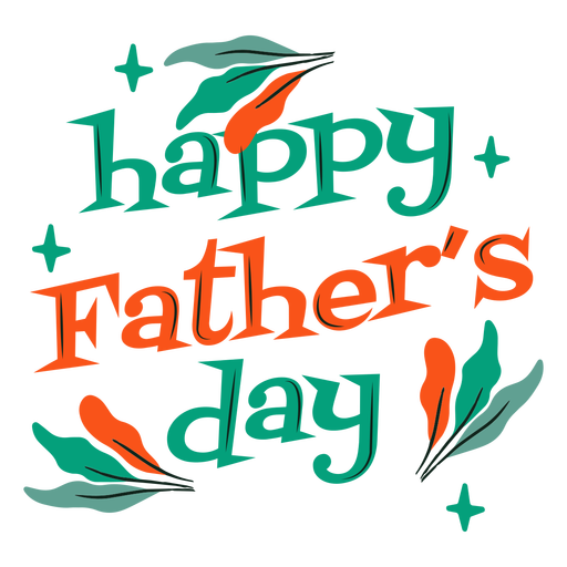 父親節快樂慶祝圖形 壁紙 — 在黑色背景上，帶有羽毛裝飾的青色和橙色父親節快樂文字。
