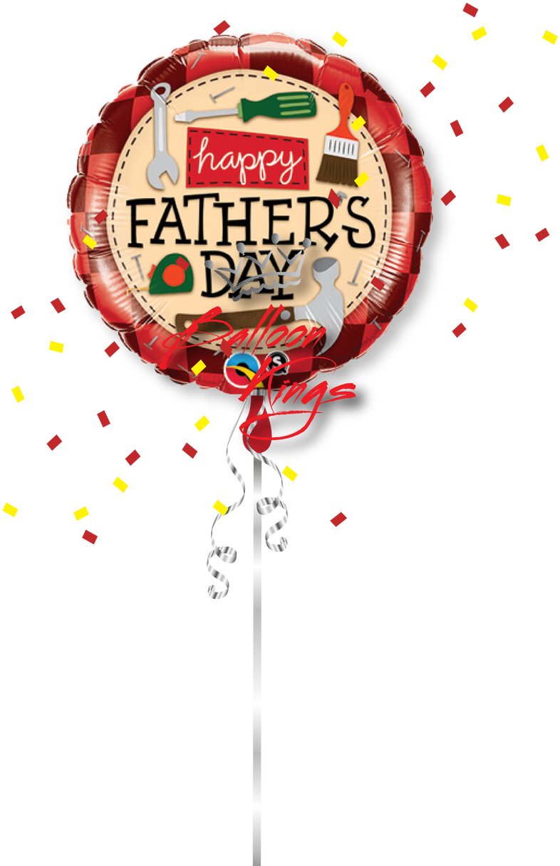 父親節慶祝氣球 壁紙 — 一個紅色箔氣球，上面有工具和「happy fathers day」文字，在黑色背景上飄浮，周圍有紅色和黃色紙屑飄落。