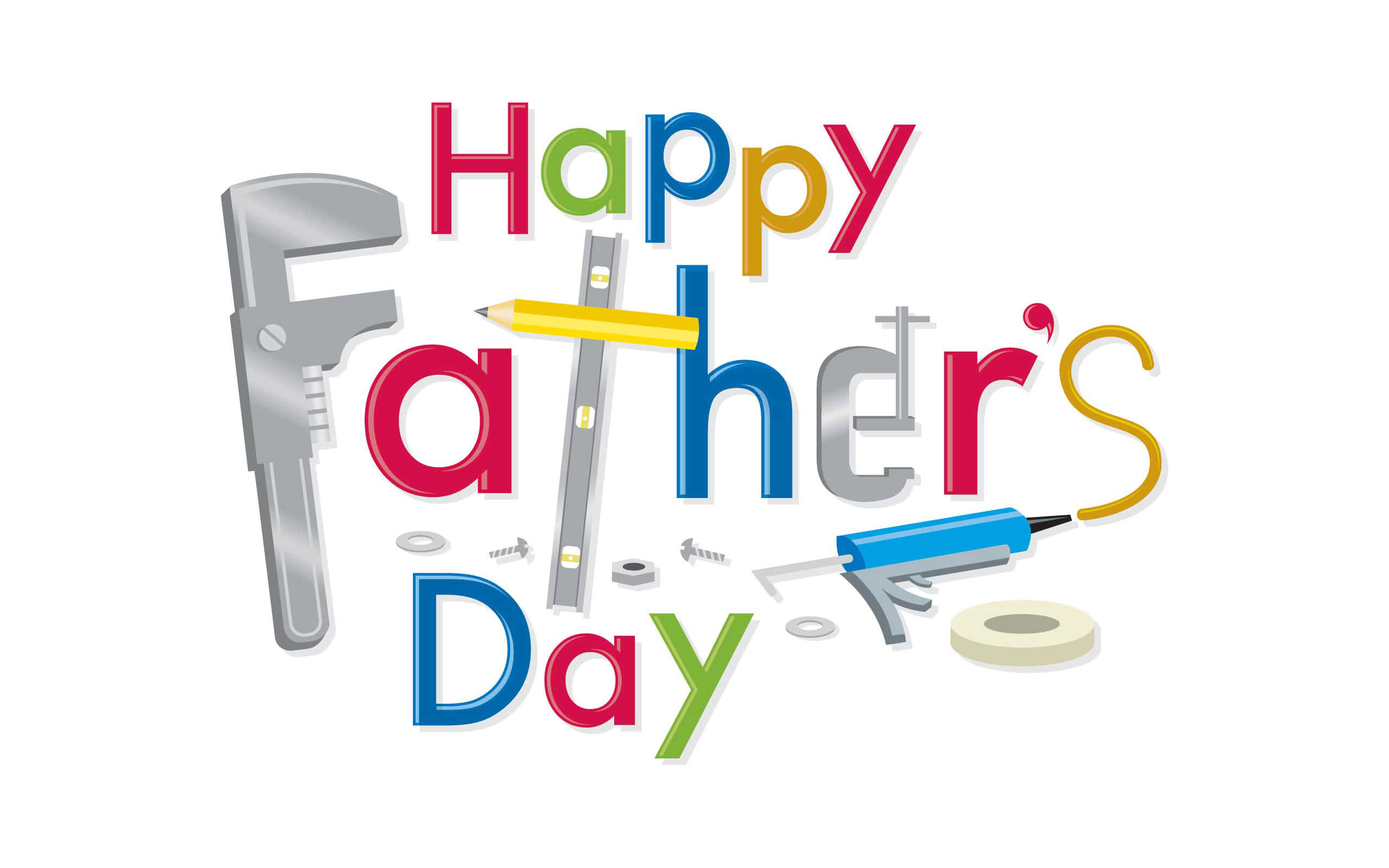 父親節與爸爸共度美好時光 壁紙 — 色彩繽紛的「Happy Father's Day」文字，創意地使用扳手、鉛筆、水平尺和熱熔膠槍等工具形成。
